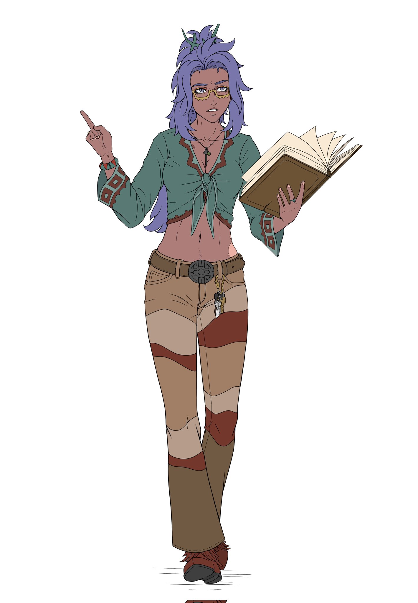 itsraijet, raifort (pokemon), nintendo, pokemon, pokemon sv, commentary, corrupted twitter file, english commentary, highres, 1girl, alternate costume, book, bracelet, brown pants, dark-skinned female, dark skin, full body, glasses, green shirt, holding, holding book, jewelry, long hair, midriff, navel, necklace, pants, purple eyes, purple hair, ring, shirt, simple background, solo, tied shirt, very dark skin, white background