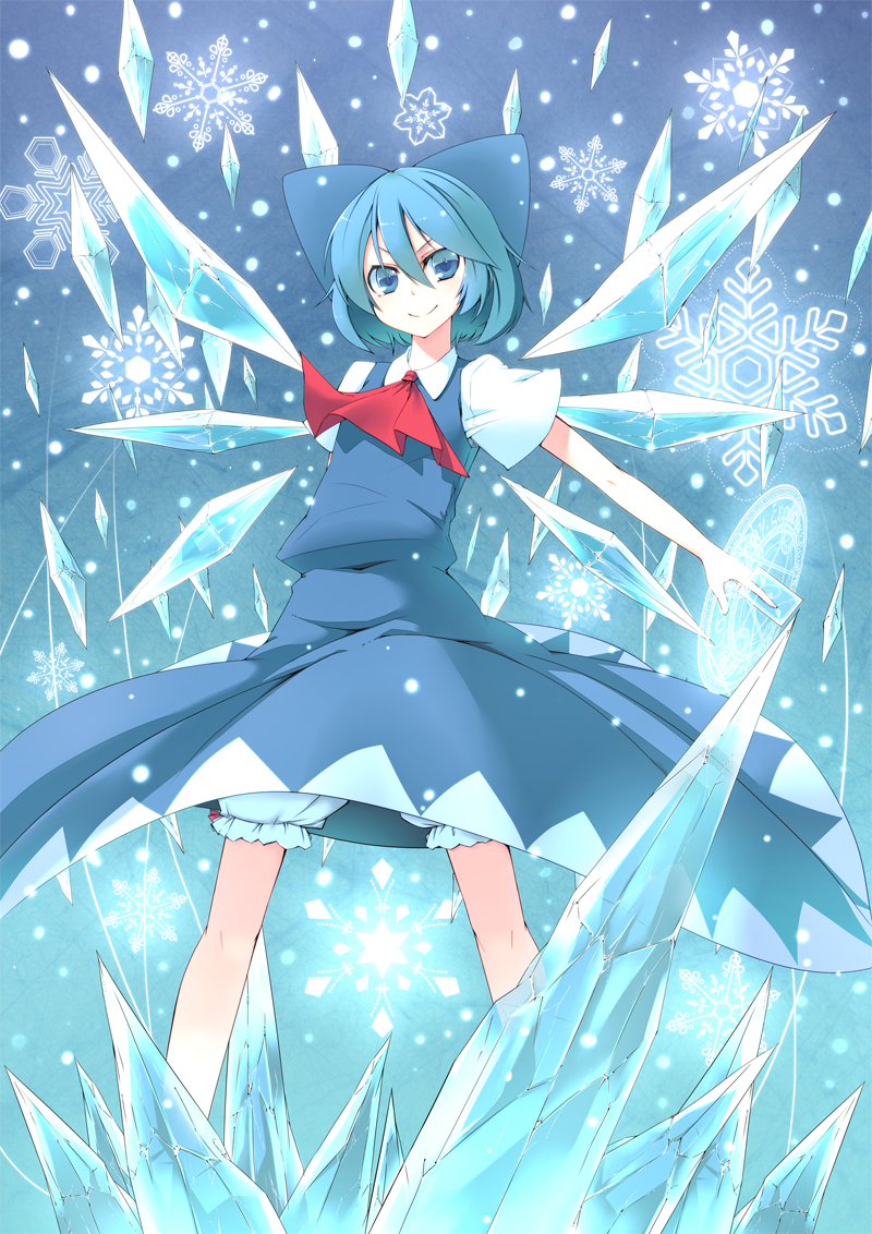 muranisaki, cirno, embodiment of scarlet devil, touhou, bad id, bad pixiv id, 1girl, between fingers, blue eyes, blue hair, dress, female focus, gradient background, holding, ice, magic circle, matching hair/eyes, short hair, snowflakes, solo, spell card, underwear, wings