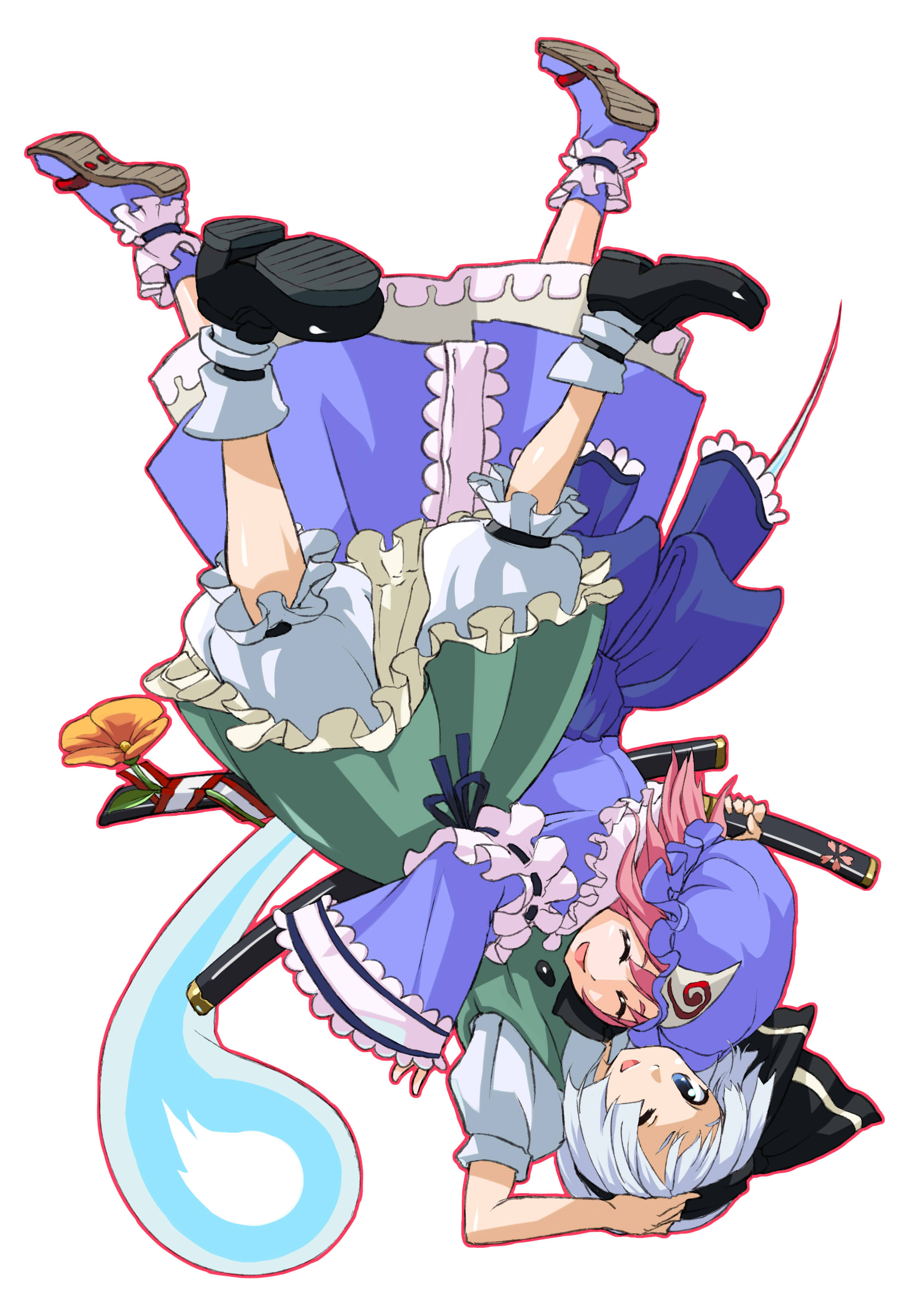 hijiri (pixiv), hijirisu (spity), konpaku youmu, konpaku youmu (ghost), saigyouji yuyuko, touhou, silver hair, absurdres, highres, 2girls, blue eyes, female focus, ghost, hairband, hat, hitodama, hug, katana, multiple girls, pink hair, sandals, sheath, sheathed, short hair, sword, upside-down, weapon