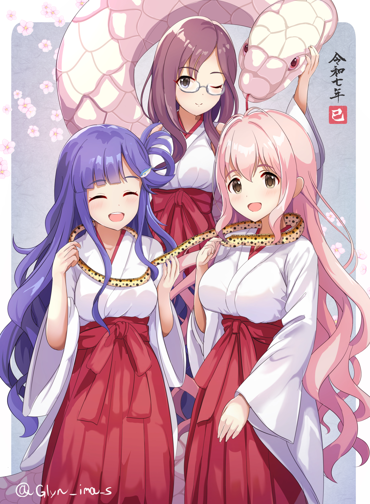 glyn070605a, asari nanami, saionji kotoka, yagami makino, idolmaster, idolmaster cinderella girls, commentary request, highres, 3girls, ^ ^, animal, arm at side, blue eyes, border, breasts, brown eyes, brown hair, closed eyes, closed mouth, glasses, grey background, hakama, hakama skirt, hand up, hands up, high-waist skirt, holding, holding animal, japanese clothes, kosode, large breasts, long hair, long skirt, looking at viewer, miko, multiple girls, one eye closed, one side up, open mouth, outside border, pink hair, pleated skirt, purple hair, semi-rimless eyewear, skirt, smile, snake, split mouth, twitter username, very long hair, wavy hair, white border