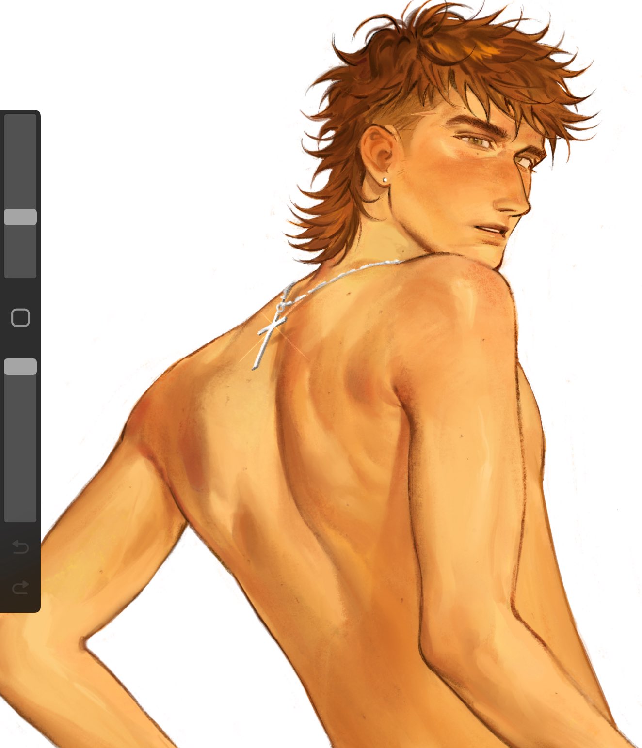 kunnuscumnus, original, silver necklace, commentary, english commentary, highres, procreate (medium), 1boy, art program in frame, back, brown hair, cross, cross necklace, earrings, green eyes, jewelry, looking at viewer, looking back, male focus, messy hair, mole, mole on arm, mole on back, mole on neck, mole under eye, mullet, multiple moles, necklace, parted lips, procreate (software), rowan (kunnuscumnus), stud earrings, teeth, undercut, upper body, white background