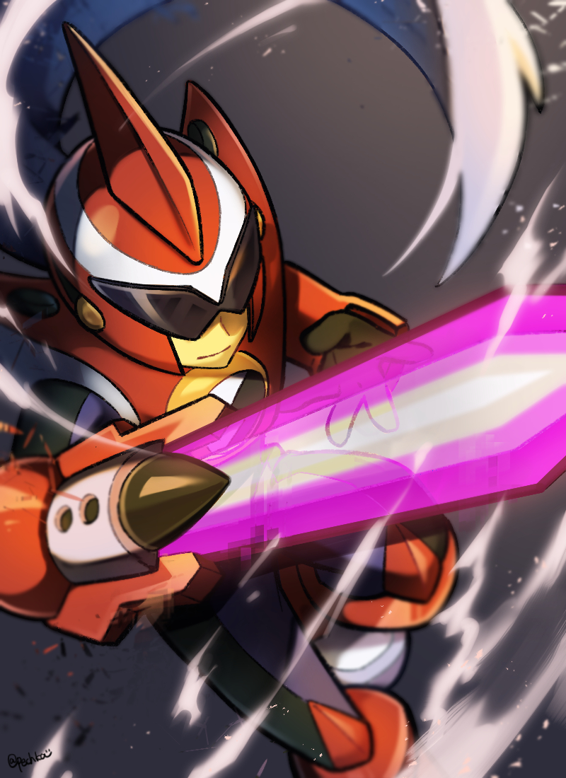 pechka, protoman.exe, mega man (series), mega man battle network (series), commentary request, 1boy, black bodysuit, bodysuit, glowing, glowing sword, glowing weapon, grey background, helmet, light particles, male focus, prosthetic weapon, red helmet, smile, solo, sword, twitter username, weapon