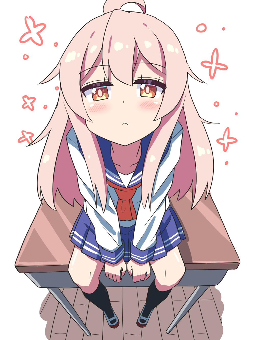 changaa, oyama mahiro, onii-chan wa oshimai!, commentary request, highres, 1girl, :<, arms between legs, black socks, blonde hair, blue sailor collar, blue shirt, blush, desk, foreshortening, long sleeves, looking at viewer, on desk, pleated skirt, sailor collar, school uniform, serafuku, shirt, sitting, skirt, socks, solo, white shirt, yellow eyes