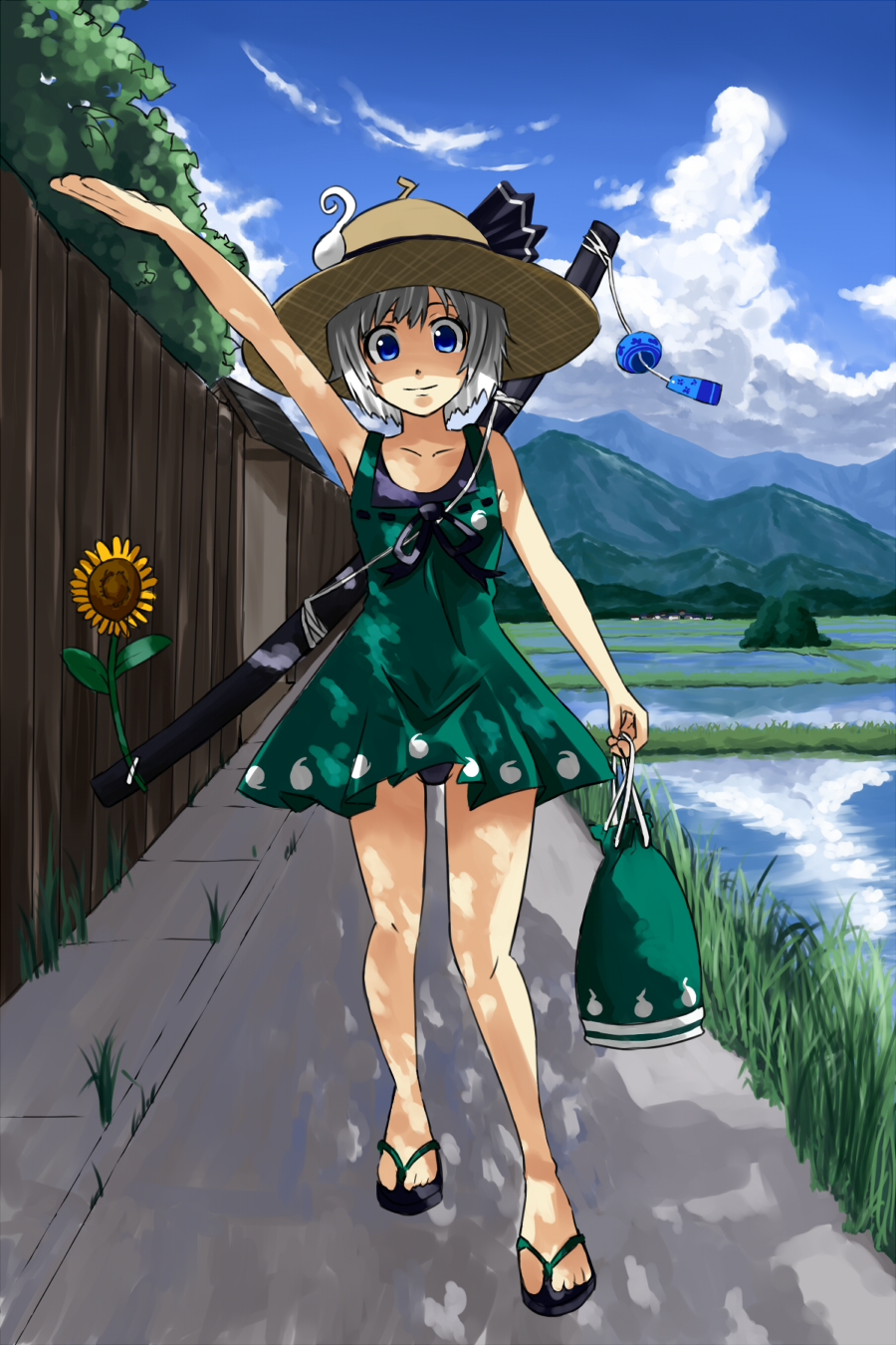 bokuden, konpaku youmu, touhou, silver hair, highres, 1girl, alternate costume, artistic error, bad anatomy, bad feet, blue eyes, dappled sunlight, day, dress, feet, female focus, flower, poorly drawn, short hair, solo, sundress, sunflower, sunlight