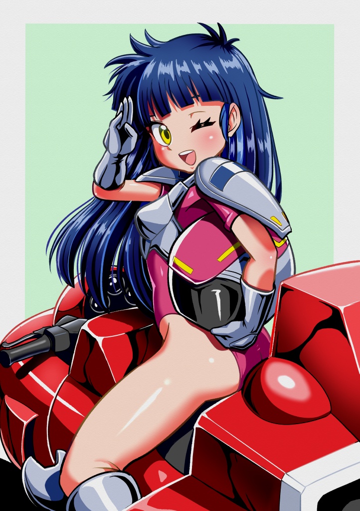hiro68, tengenji hiromi, burning force, commentary request, 1girl, armor, blue hair, helmet, leotard, long hair, looking at viewer, motor vehicle, one eye closed, pink leotard, salute, shoulder armor, silver gloves, smile, solo, unworn headwear, unworn helmet, yellow eyes