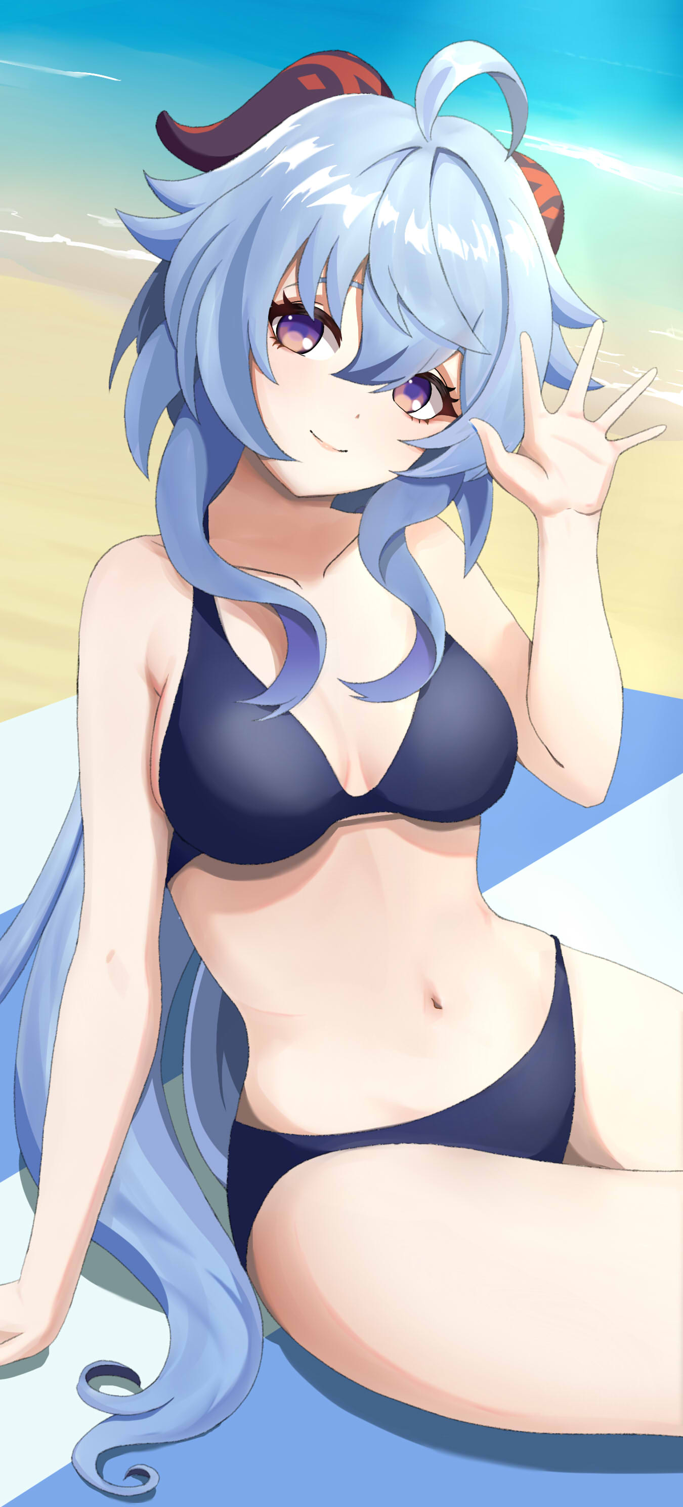 mishirosora, ganyu (genshin impact), genshin impact, absurdres, commentary request, highres, 1girl, ahoge, alternate costume, beach, beach towel, bikini, black bikini, blue hair, breasts, closed mouth, collarbone, day, goat horns, hair between eyes, hand up, horns, long hair, looking at viewer, low ponytail, medium breasts, navel, ocean, outdoors, ponytail, purple eyes, purple pupils, sand, shadow, sidelocks, sitting, smile, solo, summer, swimsuit, thighs, towel, wavy hair