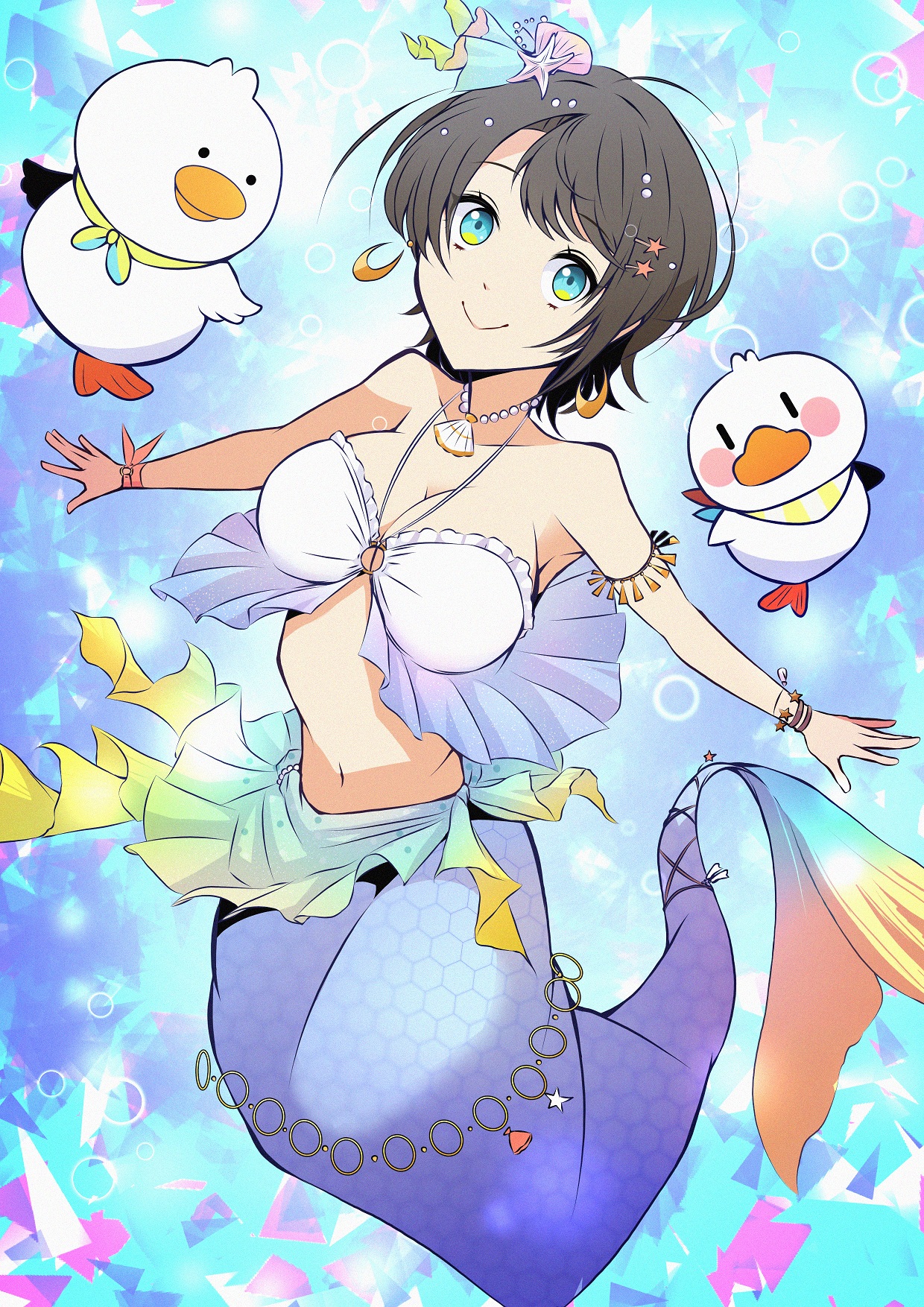 mitosupa (qsiqydfz7nesh9w), oozora subaru, oozora subaru (holonatsu paradise), subatomo (big), subatomo (oozora subaru), subatomo (small), hololive, commentary request, highres, ahoge, armband, bandana, bare shoulders, bikini, bikini top only, bird, blue tail, blush, bracelet, breasts, brown hair, bubble, cleavage, collarbone, crescent, crescent earrings, duck, earrings, fins, gem, geometric pattern, hair ornament, hexagon, huge ahoge, jewelry, large breasts, mermaid, monster girl, monsterification, navel, necklace, outstretched arms, pearl (gemstone), pearl necklace, sarong, shell, shell hair ornament, shell necklace, short hair, starfish hair ornament, swept bangs, swimming, swimsuit, tail, tail ornament, tail ring, underwater, virtual youtuber, wristband