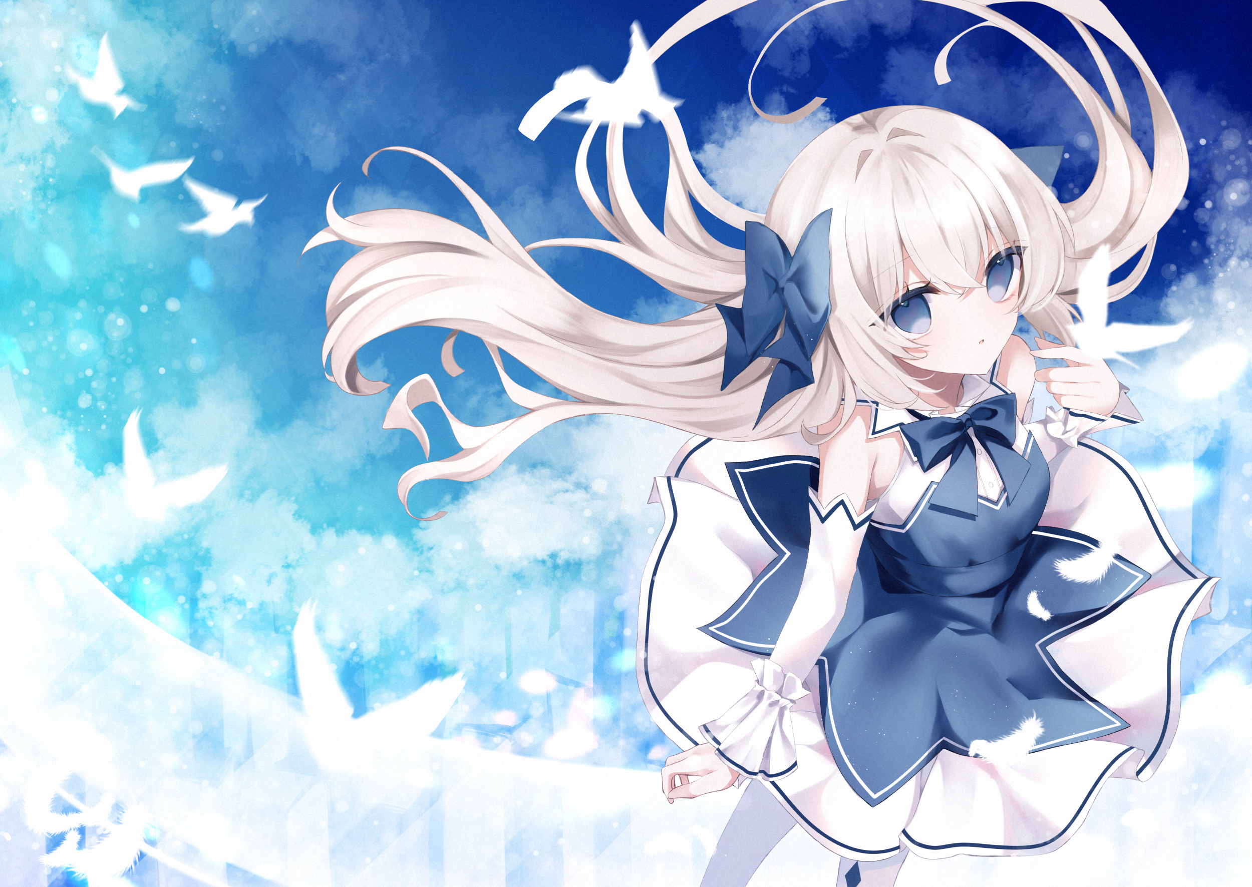 kurumi mashiro, original, commentary, highres, 1girl, blue bow, blue dress, blue eyes, bow, bowtie, detached sleeves, dress, floating hair, grey hair, long hair, looking at viewer, smile, white hair, white sleeves