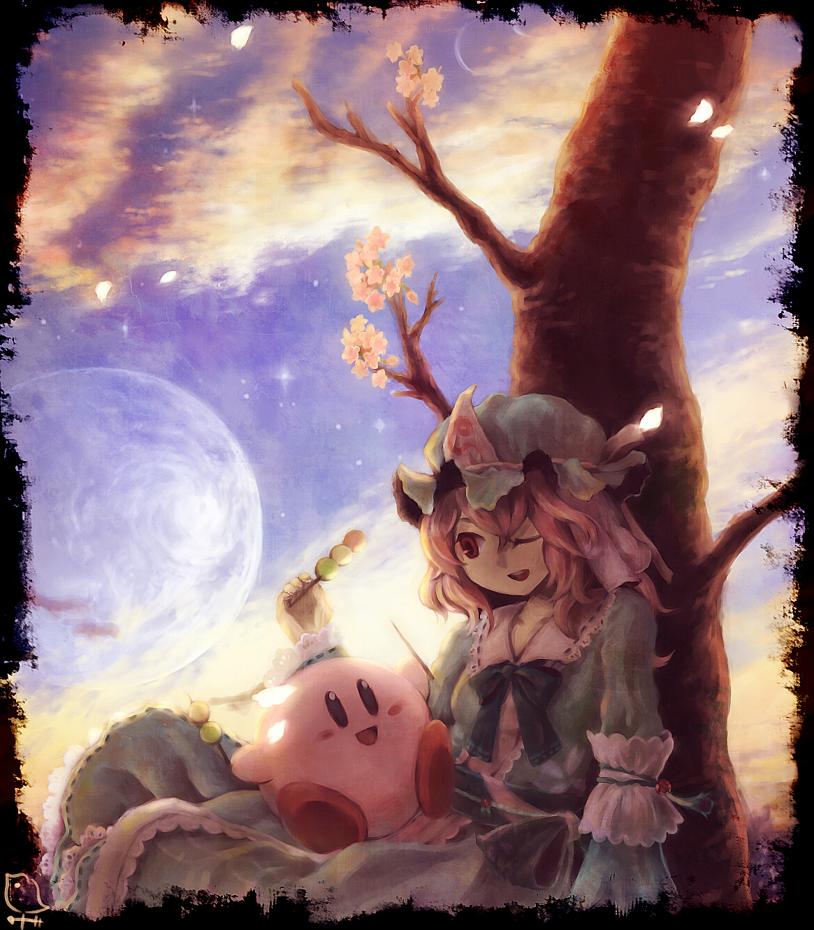 amamidori, kirby, saigyouji yuyuko, kirby (series), m.u.g.e.n, nintendo, touhou, bad id, bad pixiv id, highres, 1girl, against tree, blush stickers, cherry blossoms, crossover, dango, female focus, food, hat, japanese clothes, one eye closed, open mouth, pink hair, sanshoku dango, sitting, skewer, solo, star (sky), trait connection, tree, wagashi, wink