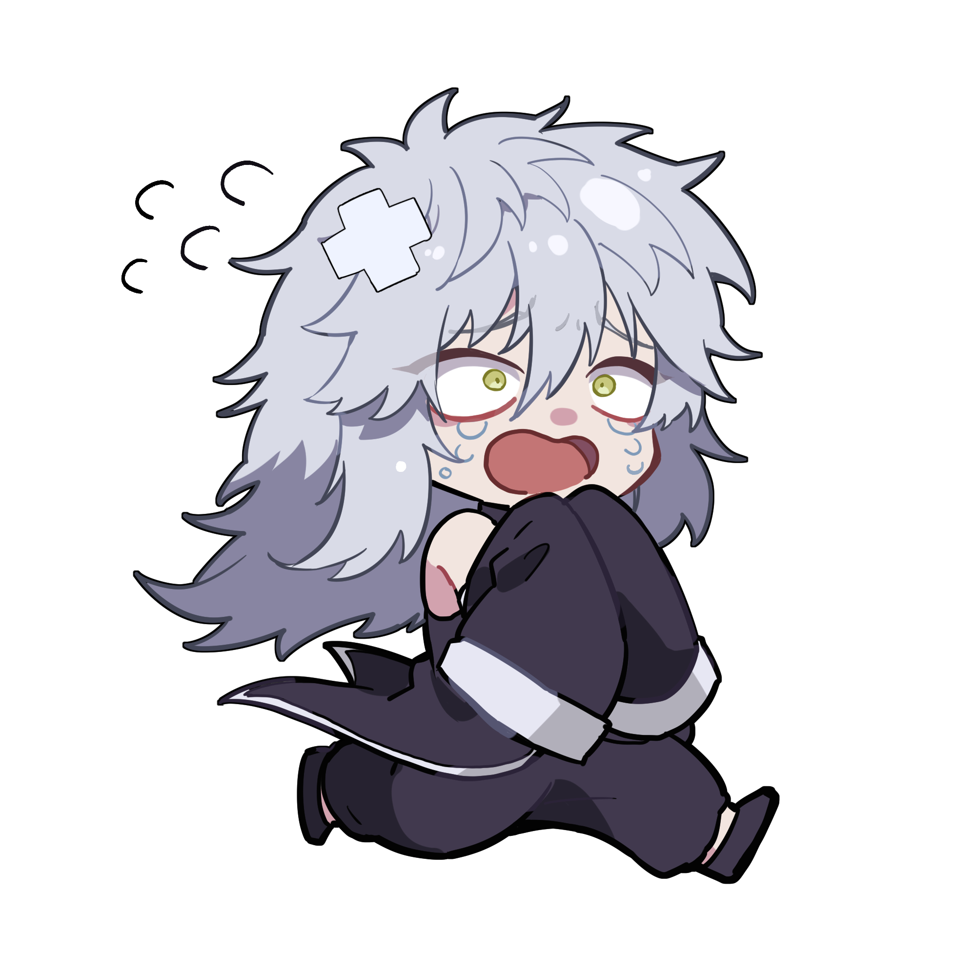 nekoma hikaru, kengan (series), kengan omega, commentary request, highres, 1boy, black pants, chibi, chibi only, crying, green eyes, grey hair, hair between eyes, long hair, male focus, open mouth, pants, running, simple background, sleeves past fingers, sleeves past wrists, solo, tears, white background, xia ji