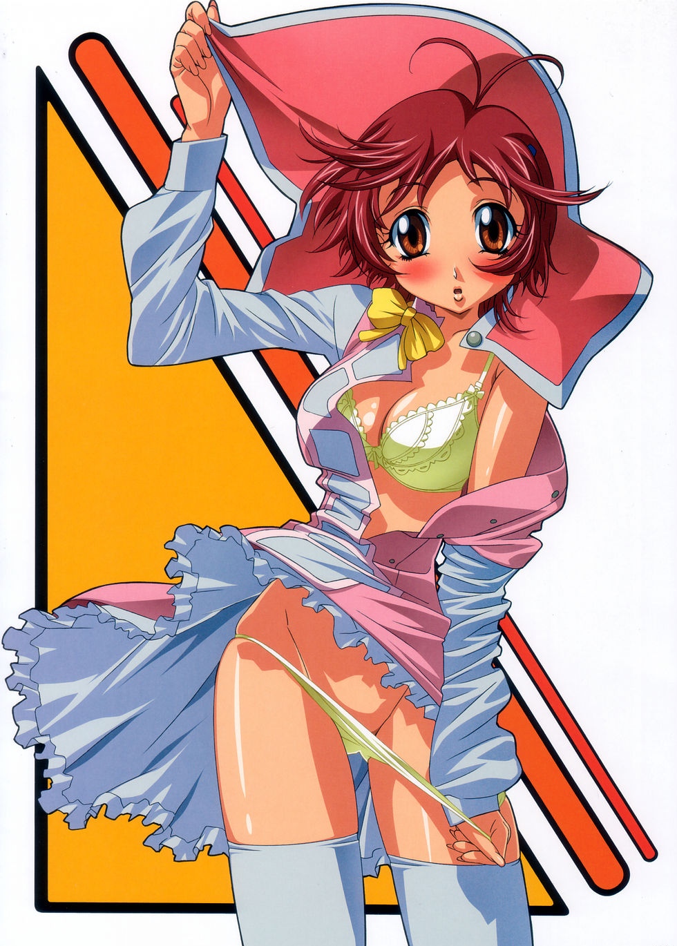 gotou keiji, aoi anna, shinkon gattai godannar!!, highres, 00s, 1girl, blush, bow, bowtie, bra, brown eyes, clothes lift, dress, dress lift, female focus, lace, lace-trimmed bra, lace trim, lingerie, open clothes, open dress, panties, panty pull, pantyshot, petticoat, red hair, solo, standing, thighhighs, underwear, undressing, upskirt, white thighhighs, wind, wind lift, yellow bra, yellow panties