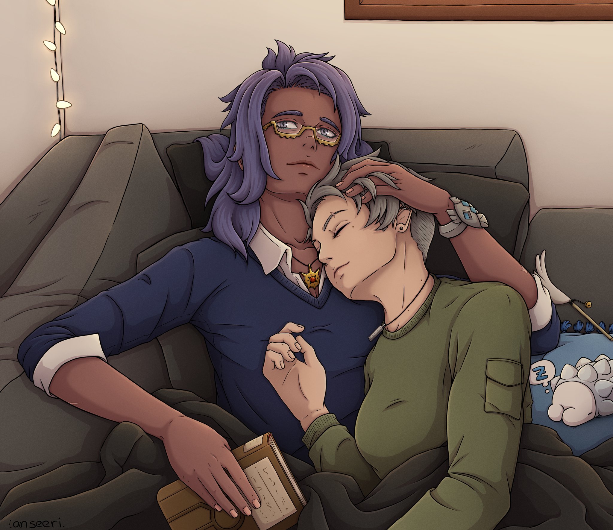 itsraijet, raifort (pokemon), snom, nintendo, original, pokemon, pokemon sv, commentary, english commentary, highres, 2girls, blue shirt, bracelet, breasts, collared shirt, couch, dark-skinned female, dark skin, gen 8 pokemon, glasses, green shirt, grey hair, indoors, jetsam (itsraijet), jewelry, large breasts, multiple girls, necklace, pokemon (creature), purple eyes, purple hair, shirt, short hair, sleeping, speech bubble, thought bubble, very dark skin, white shirt