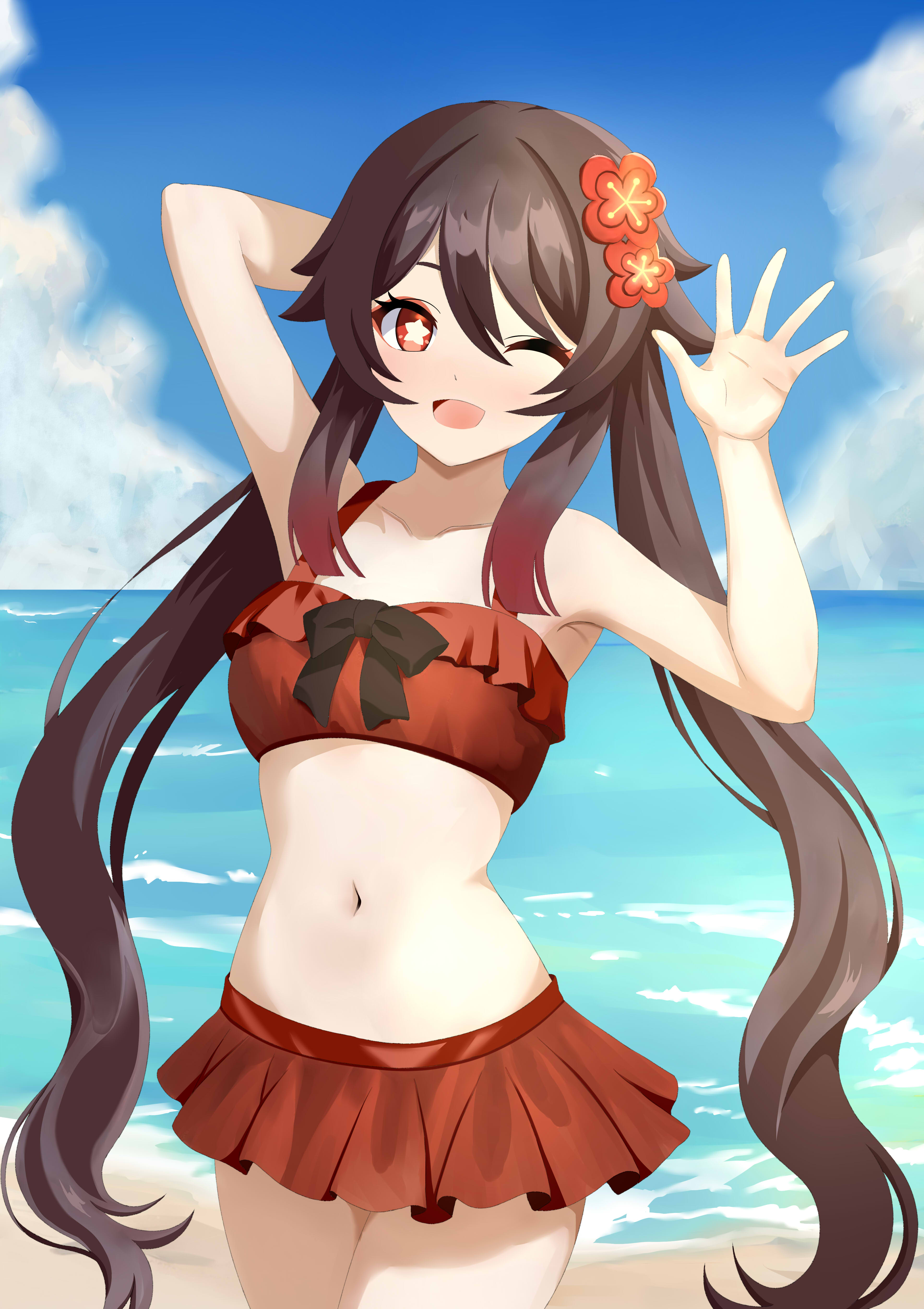 mishirosora, hu tao (genshin impact), genshin impact, absurdres, commentary request, highres, 1girl, alternate costume, arm behind head, armpits, arms up, beach, bikini, black bow, blue sky, bow, breasts, bright pupils, brown hair, chest bow, cloud, cloudy sky, collarbone, day, flower, frills, gradient hair, hair between eyes, hair flower, hair ornament, long hair, looking at viewer, medium breasts, multicolored hair, navel, ocean, one eye closed, open mouth, outdoors, red bikini, red eyes, red flower, red hair, sand, sidelocks, sky, smile, solo, star-shaped pupils, star (symbol), summer, swimsuit, symbol-shaped pupils, twintails, wavy hair, white pupils