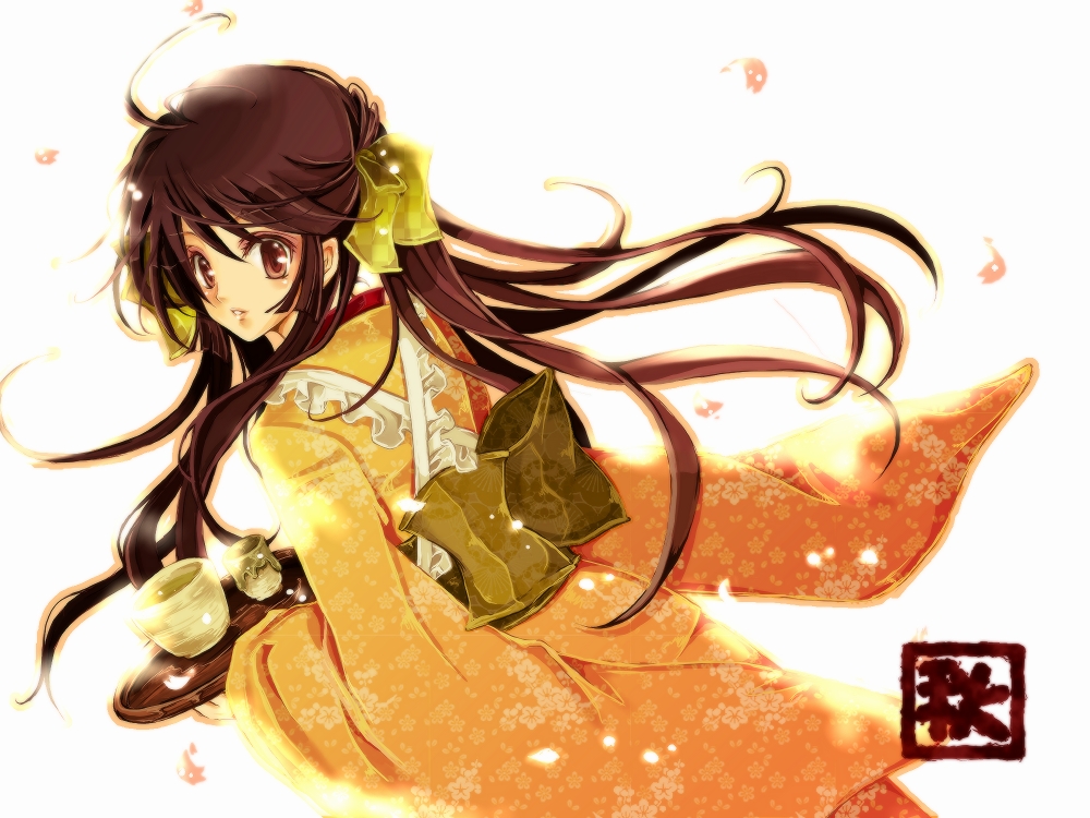 akikawa eiri, original, bow, brown eyes, brown hair, hair bow, japanese clothes, kimono, looking back, maid, petals, solo, tray, wa maid