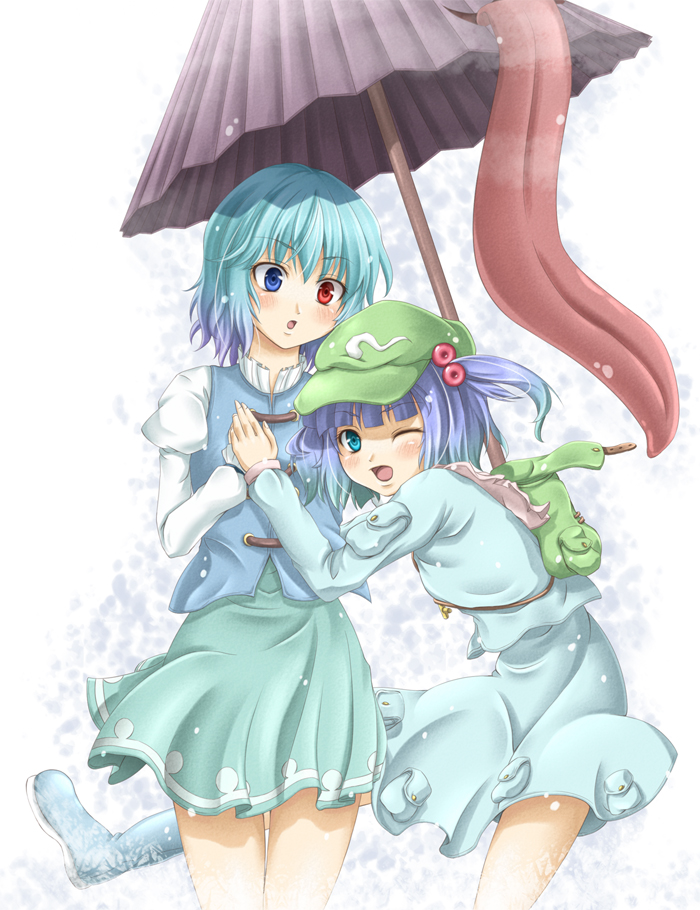 mochi.f, kawashiro nitori, tatara kogasa, touhou, bad id, bad pixiv id, 2girls, backpack, bag, blue eyes, blue hair, female focus, hair bobbles, hair ornament, hat, heterochromia, karakasa obake, multiple girls, one eye closed, randoseru, red eyes, short hair, tongue, twintails, two side up, umbrella, wink