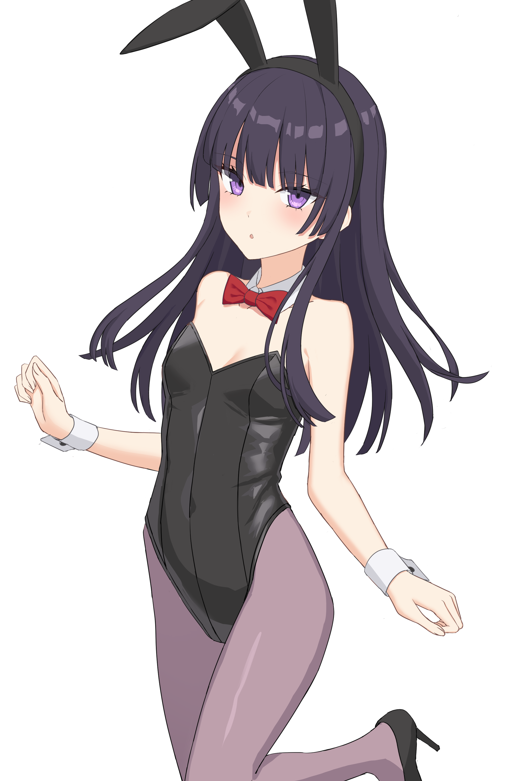 original, absurdres, commentary request, highres, 1girl, animal ear hairband, animal ears, black hair, black leotard, blunt bangs, bow, bowtie, breasts, covered navel, detached collar, fake animal ears, grey pantyhose, hairband, hime cut, karasuma kei, leotard, pantyhose, playboy bunny, purple eyes, rabbit ears, red bow, red bowtie, simple background, small breasts, solo, standing, standing on one leg, strapless, strapless leotard, white background, wrist cuffs