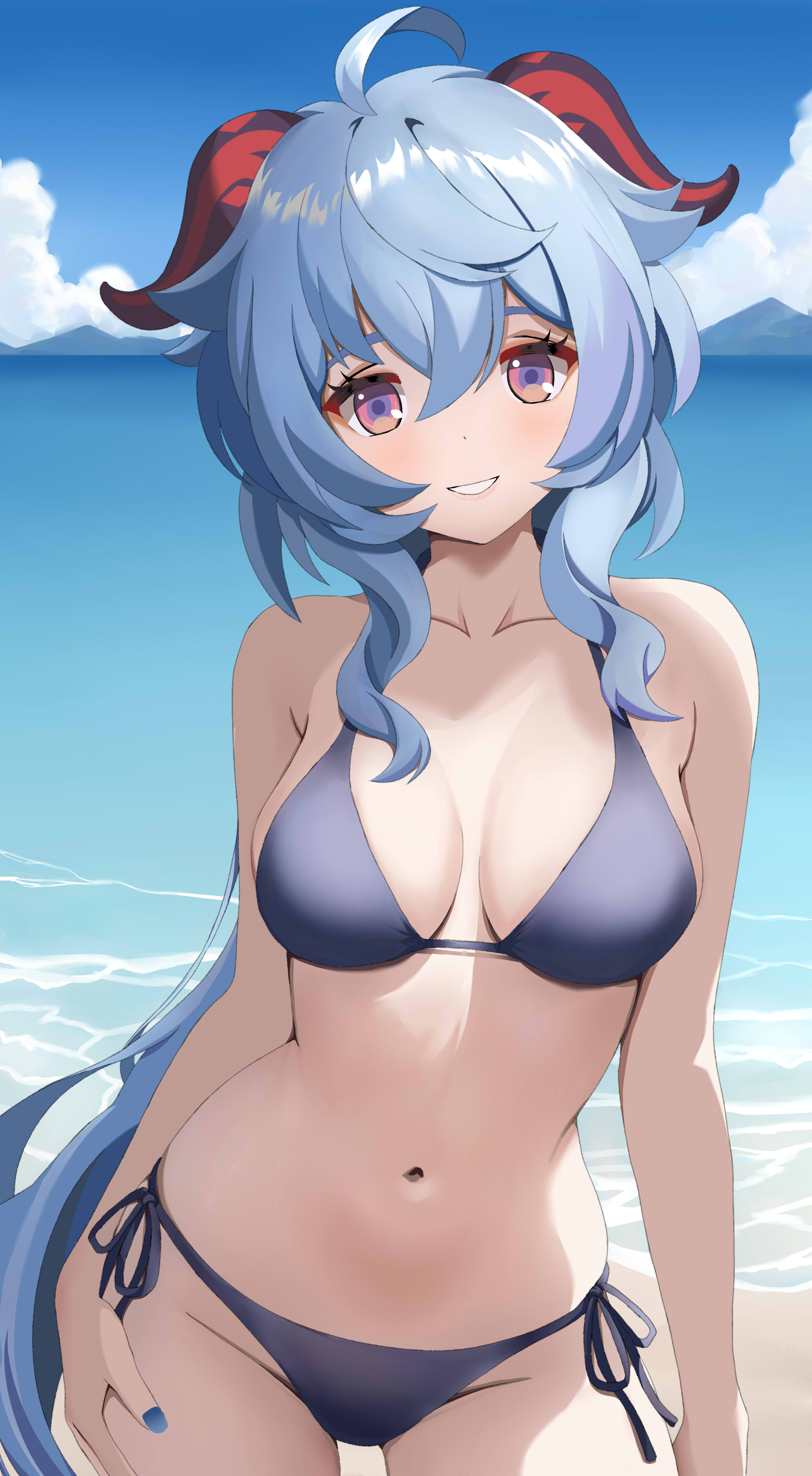 mishirosora, ganyu (genshin impact), genshin impact, absurdres, commentary request, highres, 1girl, ahoge, alternate costume, beach, bikini, black bikini, black ribbon, blue hair, blue nails, blue sky, blush, breasts, cloud, cloudy sky, collarbone, cowboy shot, day, fingernails, goat horns, hair between eyes, hand on own hip, horns, long hair, looking at viewer, low ponytail, medium breasts, mountain, nail polish, navel, ocean, outdoors, ponytail, purple eyes, purple pupils, ribbon, sand, sidelocks, sky, smile, solo, standing, summer, swimsuit, teeth, wavy hair