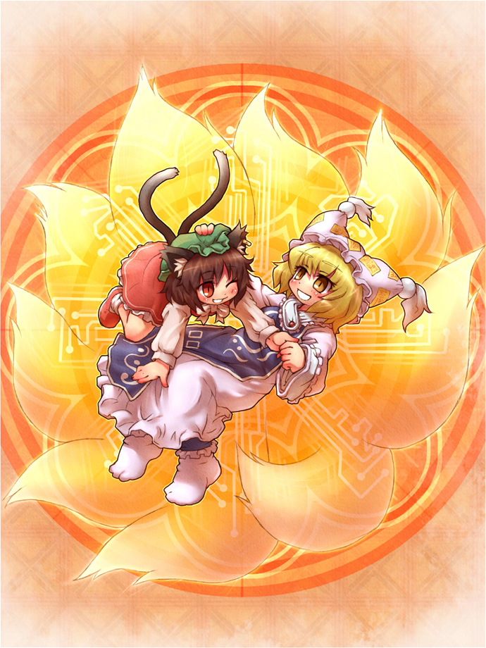 sankuma, chen, yakumo ran, touhou, 2girls, animal ears, blonde hair, brown hair, cat ears, cat girl, cat tail, earrings, female focus, fox tail, hat, jewelry, kitsune, kyuubi, multiple girls, multiple tails, red eyes, short hair, tail, yellow eyes