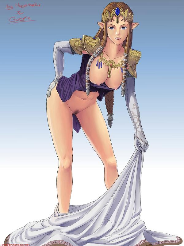princess zelda, nintendo, the legend of zelda, the legend of zelda: twilight princess, artist request, non-web source, source request, 1girl, bent over, blue eyes, bottomless, breasts, brown hair, elbow gloves, female focus, female pubic hair, gloves, hand on own hip, hip focus, large breasts, legs, lips, long hair, no panties, open clothes, open shirt, pointy ears, pubic hair, shirt, solo, uncensored, undressing