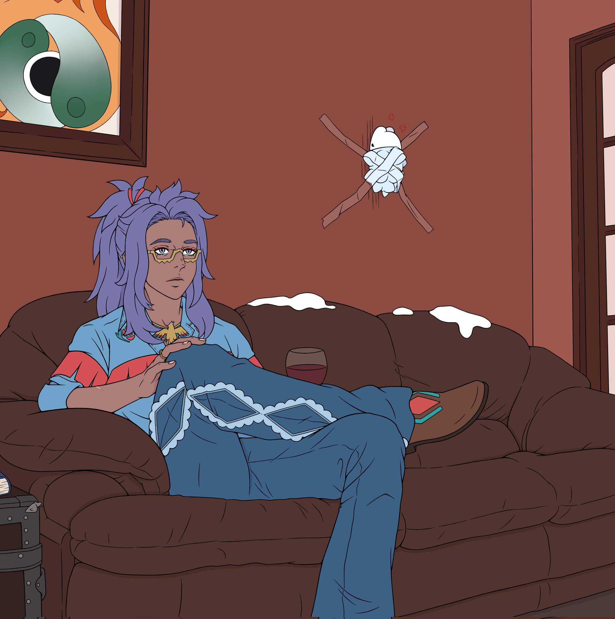 itsraijet, raifort (pokemon), snom, nintendo, pokemon, pokemon sv, commentary, english commentary, highres, 1girl, blue pants, blue shirt, couch, dark-skinned female, dark skin, gen 8 pokemon, glasses, indoors, kid taped to wall (meme), long hair, meme, pants, pokemon (creature), purple eyes, purple hair, shirt, sitting, solo, very dark skin