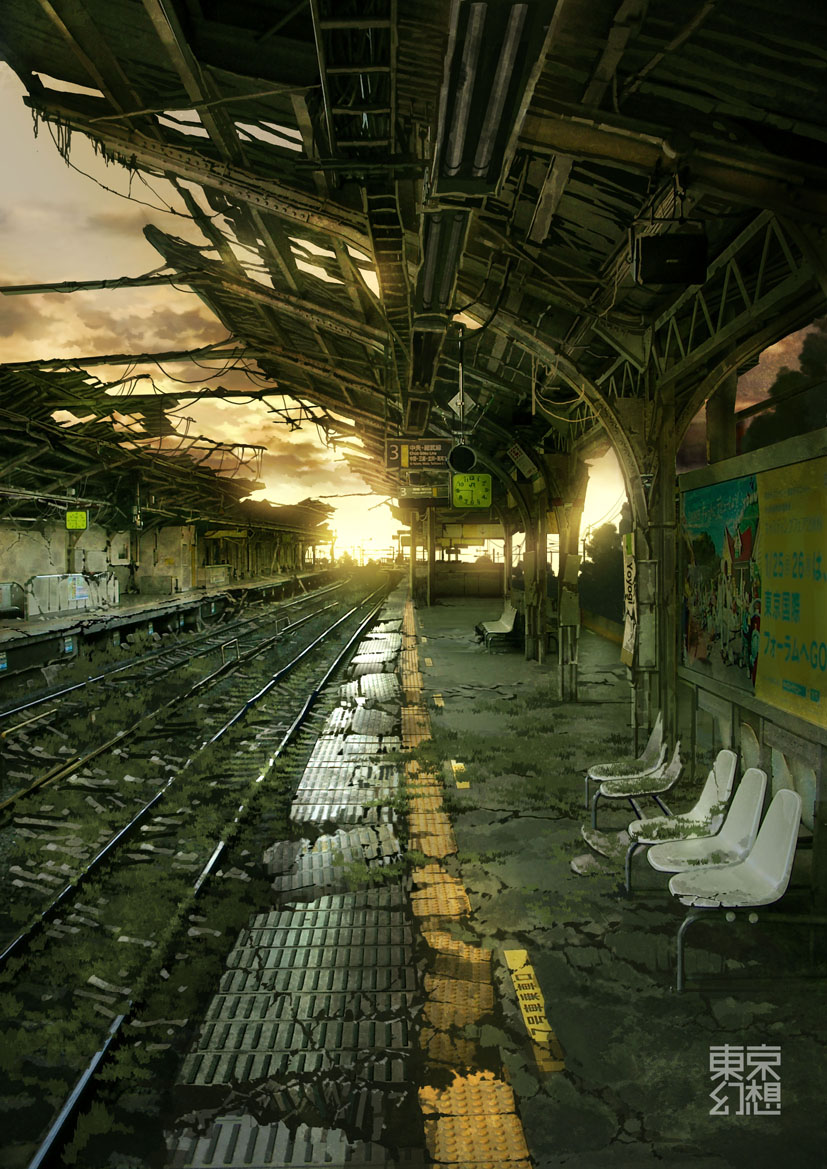 tokyogenso, original, empty, messy, abandoned, bench, billboard, chair, clock, cloud, no humans, overgrown, post-apocalypse, railroad tracks, real world location, ruins, scenery, shibuya (tokyo), signature, sky, sunlight, tactile paving, tokyo (city), train station