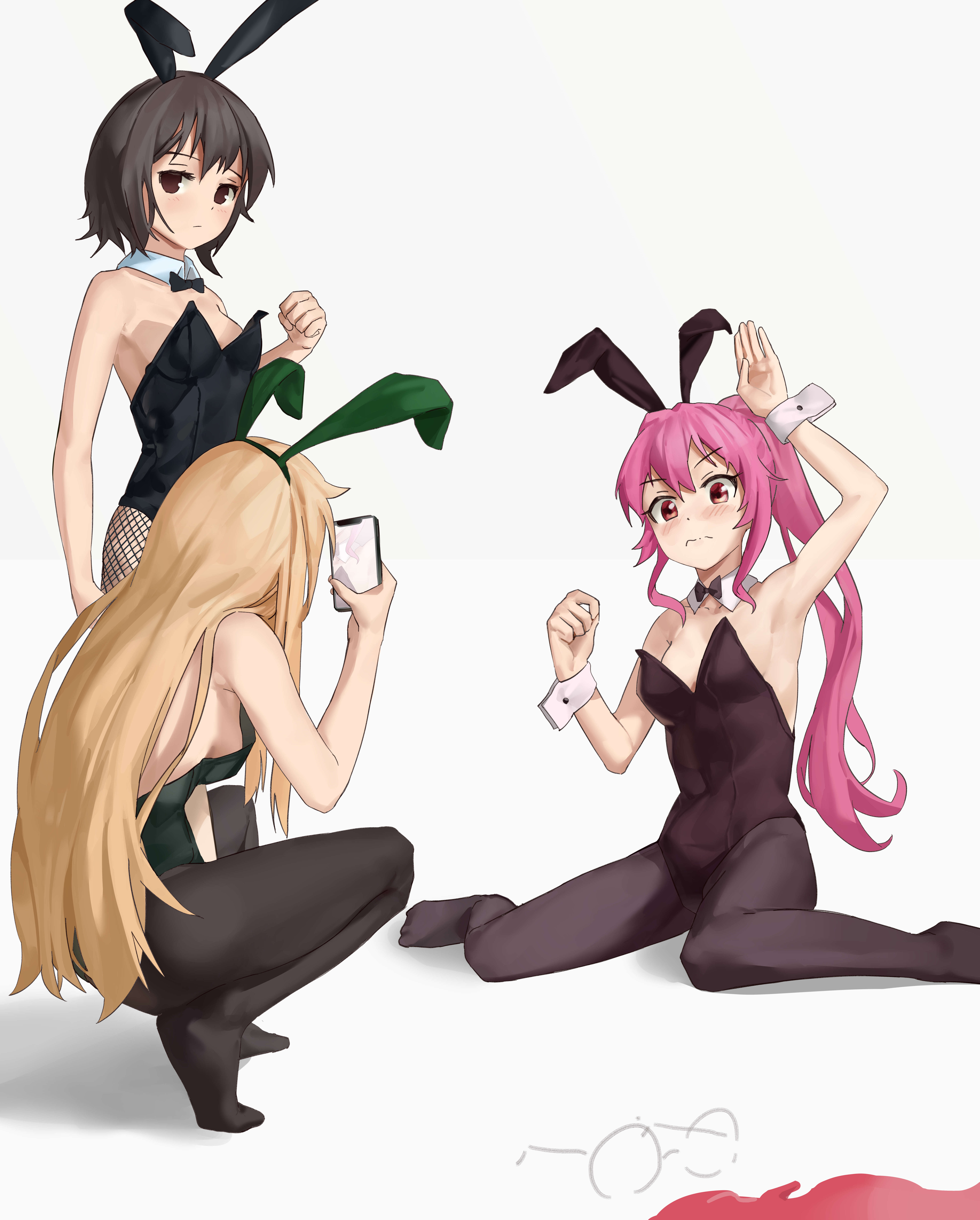 keibi inu, funami yui, sugiura ayano, toshinou kyouko, yuruyuri, absurdres, commentary, highres, ahoge, animal ears, arm up, armpits, bare arms, bare shoulders, black leotard, black pantyhose, blonde hair, blush, brown eyes, brown hair, detached collar, fake animal ears, fishnet pantyhose, fishnets, green leotard, hair intakes, hair ornament, hand up, leotard, long hair, pantyhose, playboy bunny, ponytail, purple eyes, purple hair, rabbit pose, short hair, sitting, squatting, standing, taking picture, wariza, wavy mouth