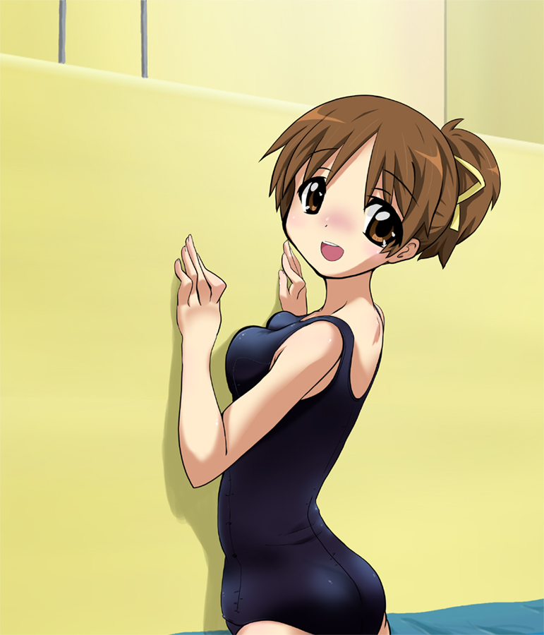 yokoshima (euphoria), hirasawa ui, k-on!, 00s, 1girl, ass, blush, breast press, breasts, brown eyes, brown hair, female focus, hair ribbon, large breasts, one-piece swimsuit, ponytail, ribbon, school swimsuit, solo, swimsuit