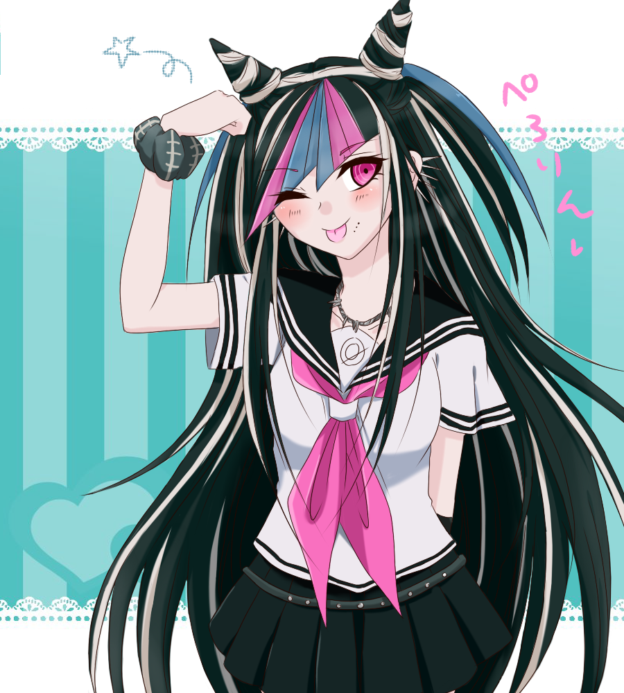 mioda ibuki, danganronpa (series), danganronpa 2: goodbye despair, commentary request, 1girl, black hair, black sailor collar, black skirt, blue hair, blue streaks, blush, collared shirt, ear piercing, eyelashes, face piercing, hair horns, hand on own head, jewelry, long hair, mouth piercing, multicolored hair, neckerchief, necklace, one eye closed, piercing, pink eyes, pink hair, pink neckerchief, pink streaks, sailor collar, school uniform, scrunchie, serafuku, shirt, short sleeves, skirt, smile, solo, star (symbol), streaked hair, tongue, tongue out, white hair, white shirt, wrist scrunchie, yagi xxx