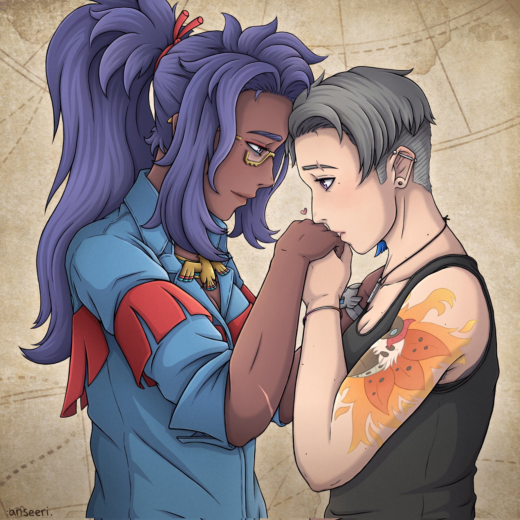 itsraijet, raifort (pokemon), nintendo, original, pokemon, pokemon sv, commentary, english commentary, highres, 2girls, arm tattoo, asymmetrical hair, black tank top, blue shirt, dark-skinned female, dark skin, glasses, grey hair, jetsam (itsraijet), jewelry, kiss, kissing hand, long hair, multiple girls, necklace, ponytail, purple eyes, purple hair, shirt, short hair, sidecut, tank top, tattoo, undercut, upper body, very dark skin