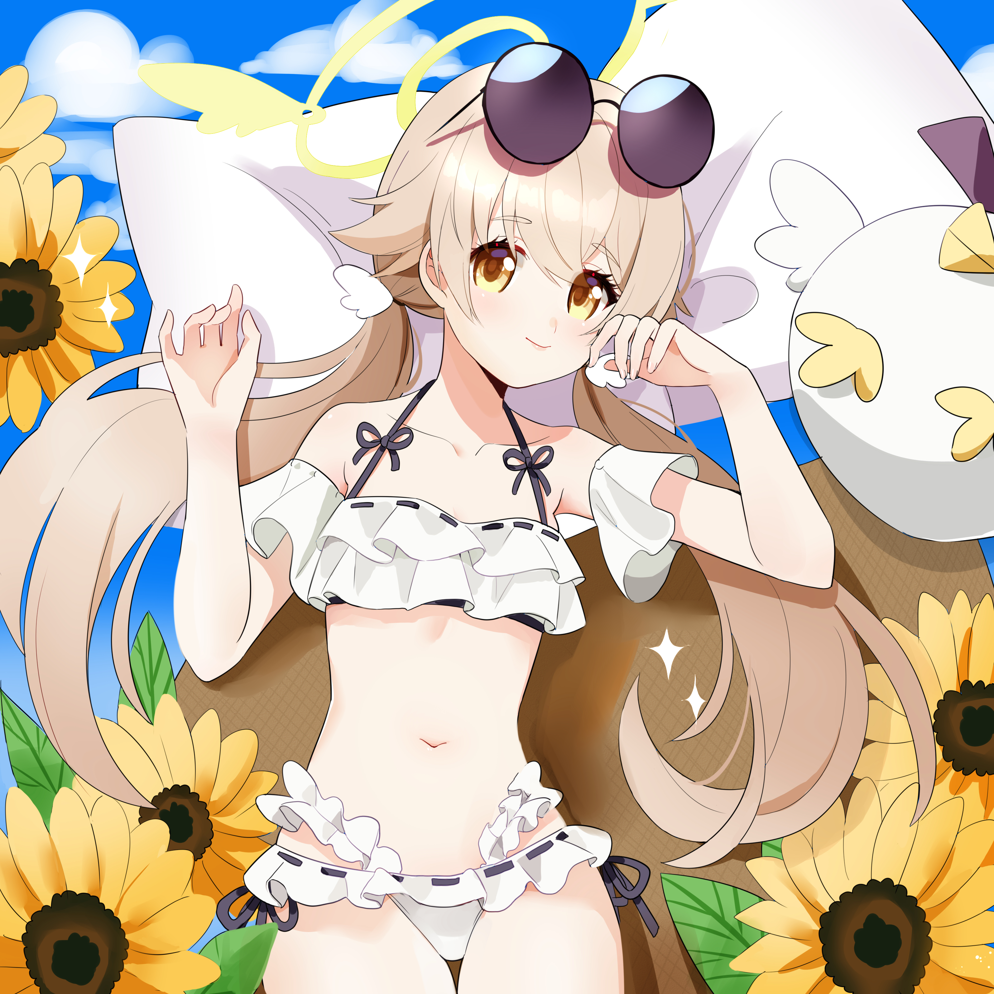 zhang xiaozhai, hifumi (blue archive), hifumi (swimsuit) (blue archive), peroro (blue archive), blue archive, absurdres, commentary, highres, symbol-only commentary, 1girl, bikini, blue sky, brown eyes, brown hair, cloud, cowboy shot, eyewear on head, flower, frilled bikini, frills, halo, looking at viewer, low twintails, ribbon-trimmed bikini, ribbon trim, ruffle bikini, sky, smile, sunflower, sunglasses, swimsuit, thigh gap, twintails, white bikini, winged halo, yellow halo