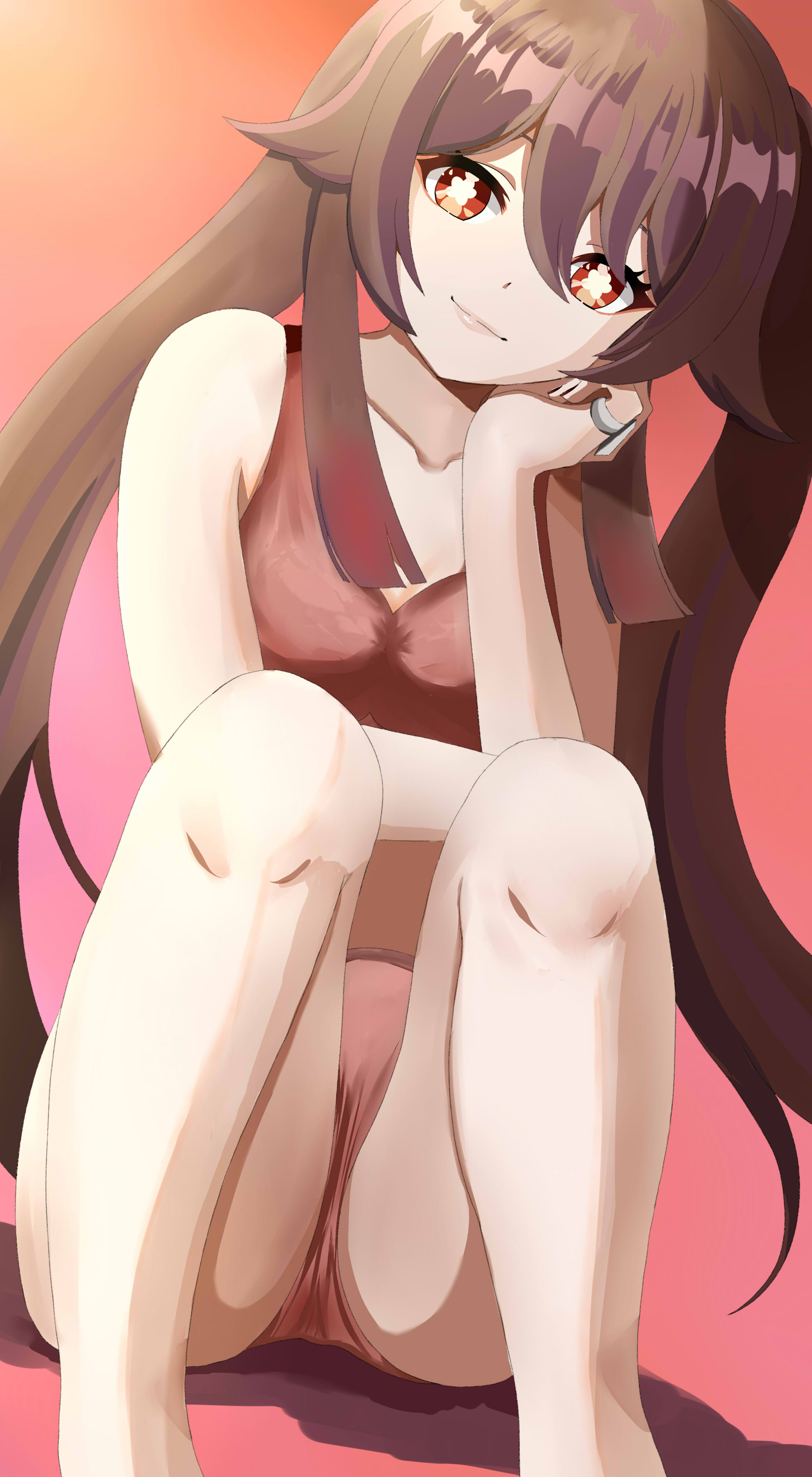 mishirosora, hu tao (genshin impact), genshin impact, absurdres, commentary request, highres, 1girl, alternate costume, bare shoulders, barefoot, black nails, bra, bright pupils, brown hair, clenched hand, closed mouth, collarbone, feet out of frame, fingernails, flower-shaped pupils, gradient hair, hair between eyes, hand on own face, hand up, jewelry, lips, long hair, looking at viewer, multicolored hair, nail polish, panties, pink background, pink panties, red bra, red eyes, red hair, ring, shadow, sidelocks, simple background, sitting, smile, solo, symbol-shaped pupils, twintails, underwear, white pupils