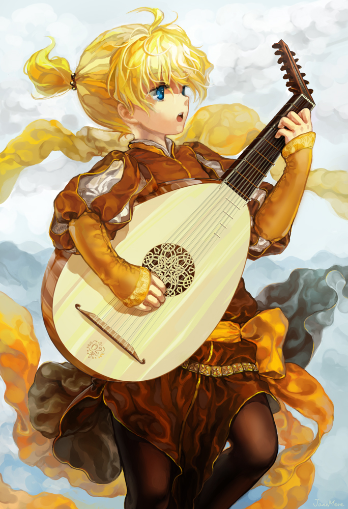 jane mere, kagamine len, vocaloid, 1boy, blonde hair, blue eyes, child, faux traditional media, instrument, lute (instrument), male focus, music, pantyhose, ponytail, singing, solo