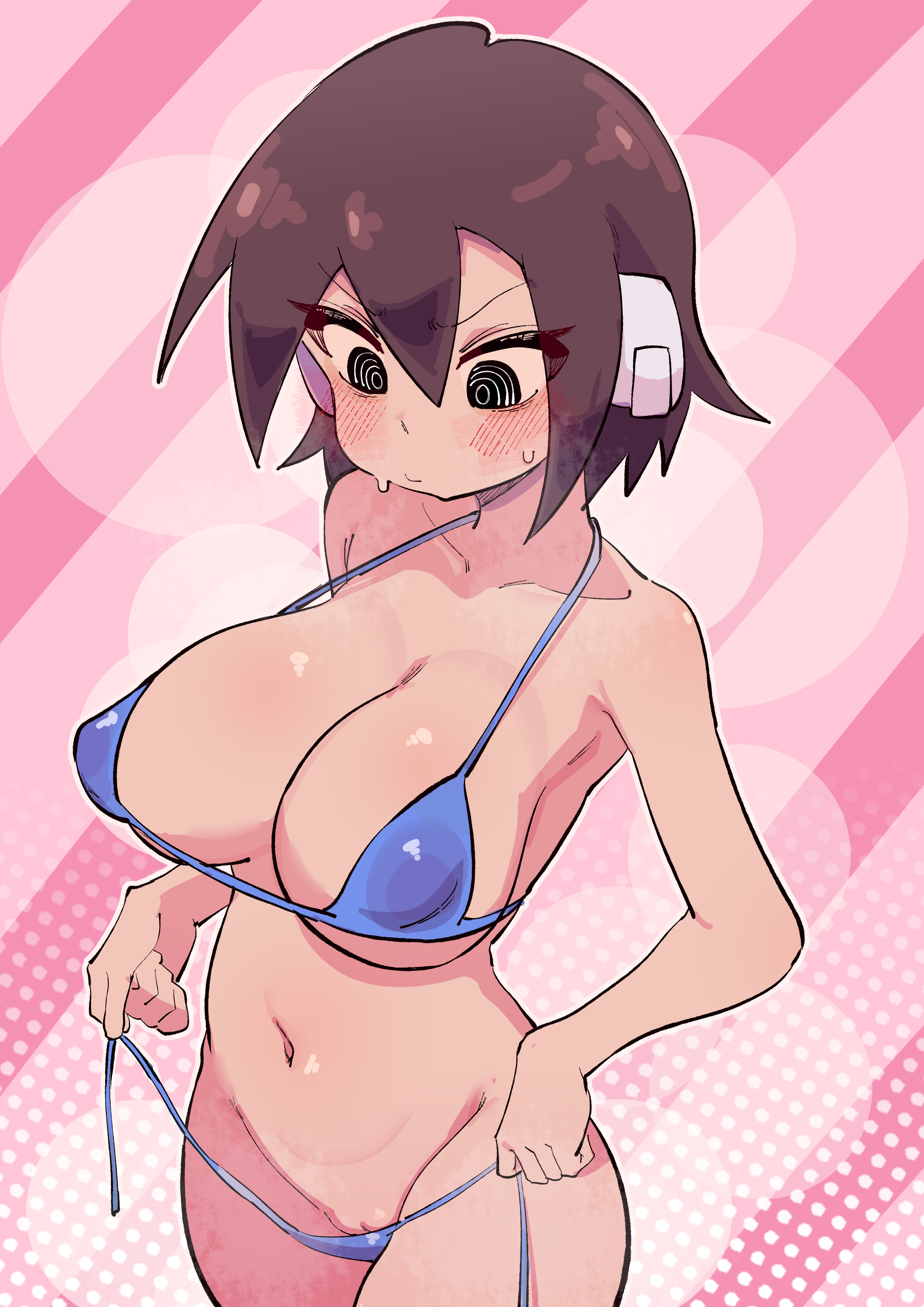 buzzlyears, aile (mega man zx), mega man (series), mega man zx, absurdres, highres, 1girl, bikini, black eyes, blue bikini, blush, breasts, brown hair, covered erect nipples, cowboy shot, large breasts, open clothes, pink bag, pussy, ringed eyes, robot ears, short hair, solo, sweat, swimsuit, untied bikini