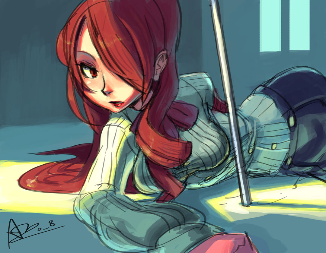 alex ahad, kirijou mitsuru, atlus, persona, persona 3, 1girl, bow, female focus, hair over one eye, long hair, lying, on side, red eyes, red hair, signature, sketch, solo, sweater