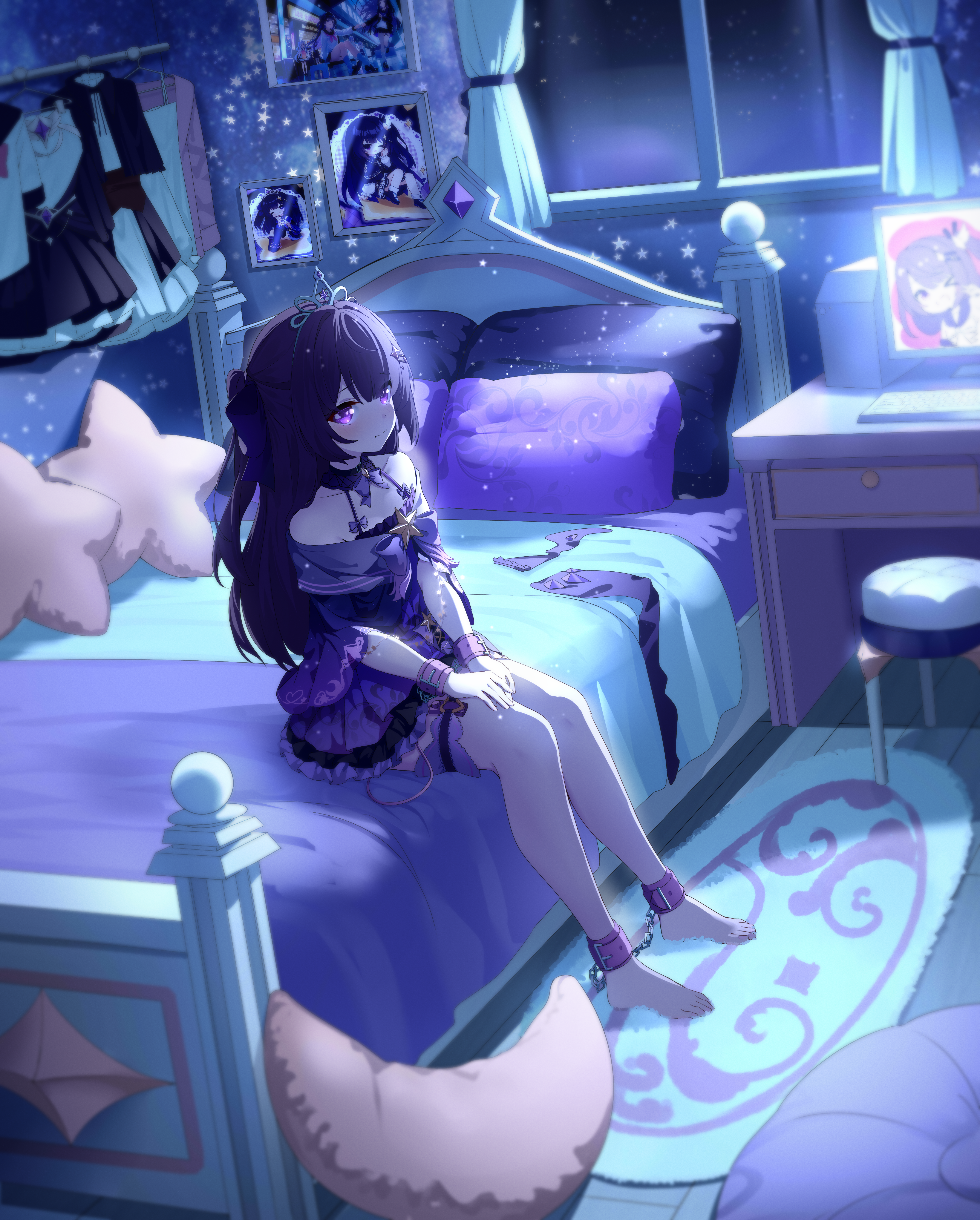 original, absurdres, artist request, chinese commentary, commentary request, commission, highres, second-party source, 1girl, ankle cuffs, barefoot, bed, bedroom, black collar, bound, bound ankles, bow, bowtie, closed mouth, collar, cool colored, cuffs, curtains, desk, detached collar, dress, from side, full body, handcuffs, headboard, indoors, monitor, night, off-shoulder dress, off shoulder, on bed, parted bangs, picture frame, purple bow, purple bowtie, purple dress, purple eyes, purple hair, raised inner eyebrows, restrained, rug, short sleeves, sitting, solo, star-shaped pillow, star (symbol), stool, thigh strap, tiara, tied up (nonsexual), unworn clothes, window