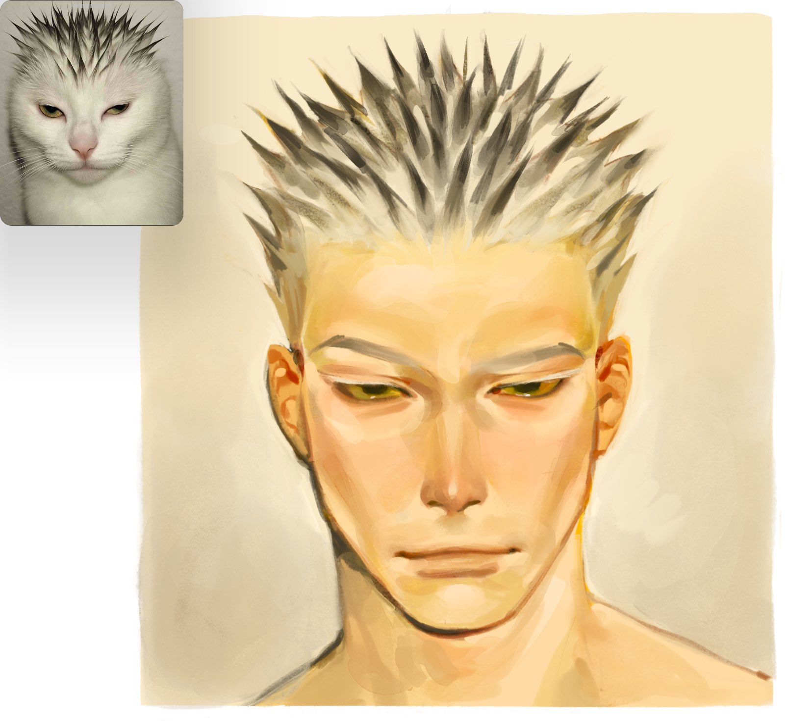 kunnuscumnus, original, highres, photo-referenced, 1boy, ai-generated art (topic), black eyes, black hair, cat, closed mouth, colored eyelashes, colored sclera, colored tips, crew cut, gradient hair, half-closed eyes, looking at viewer, meme, multicolored hair, personification, portrait, reference inset, spiked hair, two-tone hair, white cat, white eyelashes, white hair, yellow sclera