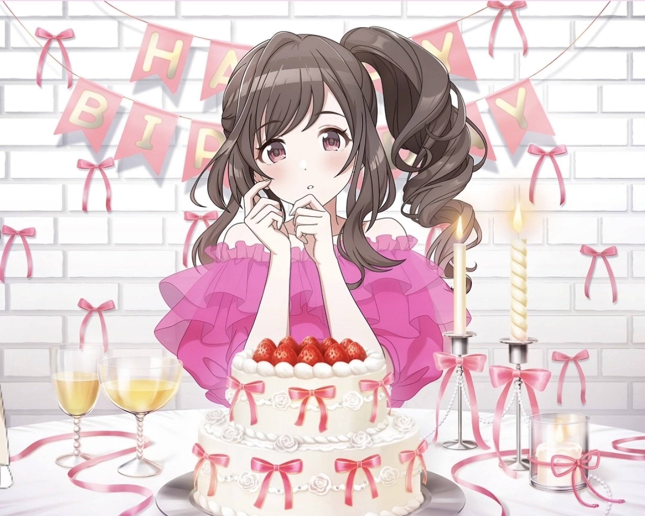 tsukioka kogane, idolmaster, idolmaster shiny colors, official art, 1girl, brick wall, brown hair, cake, candle, cup, drinking glass, english text, fire, food, fruit, happy birthday, liquid, red eyes, ribbon, side ponytail, solo, strawberry, table, wine glass