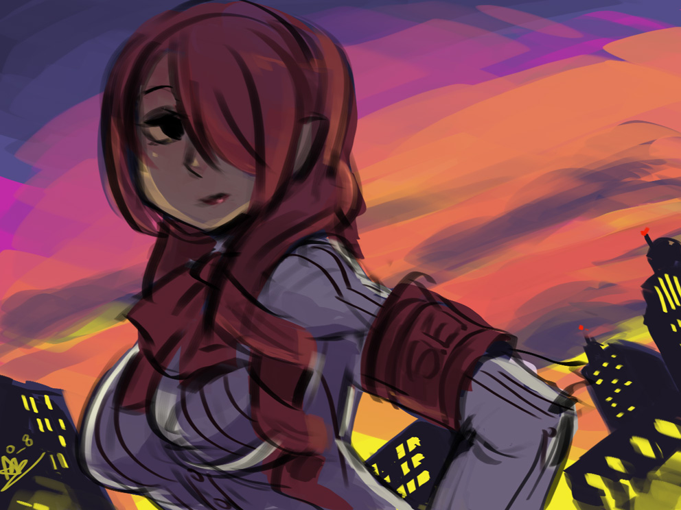 alex ahad, kirijou mitsuru, atlus, persona, persona 3, 1girl, armband, bow, breasts, cityscape, dusk, female focus, hair over one eye, large breasts, red hair, signature, sketch, solo, sunset, upper body