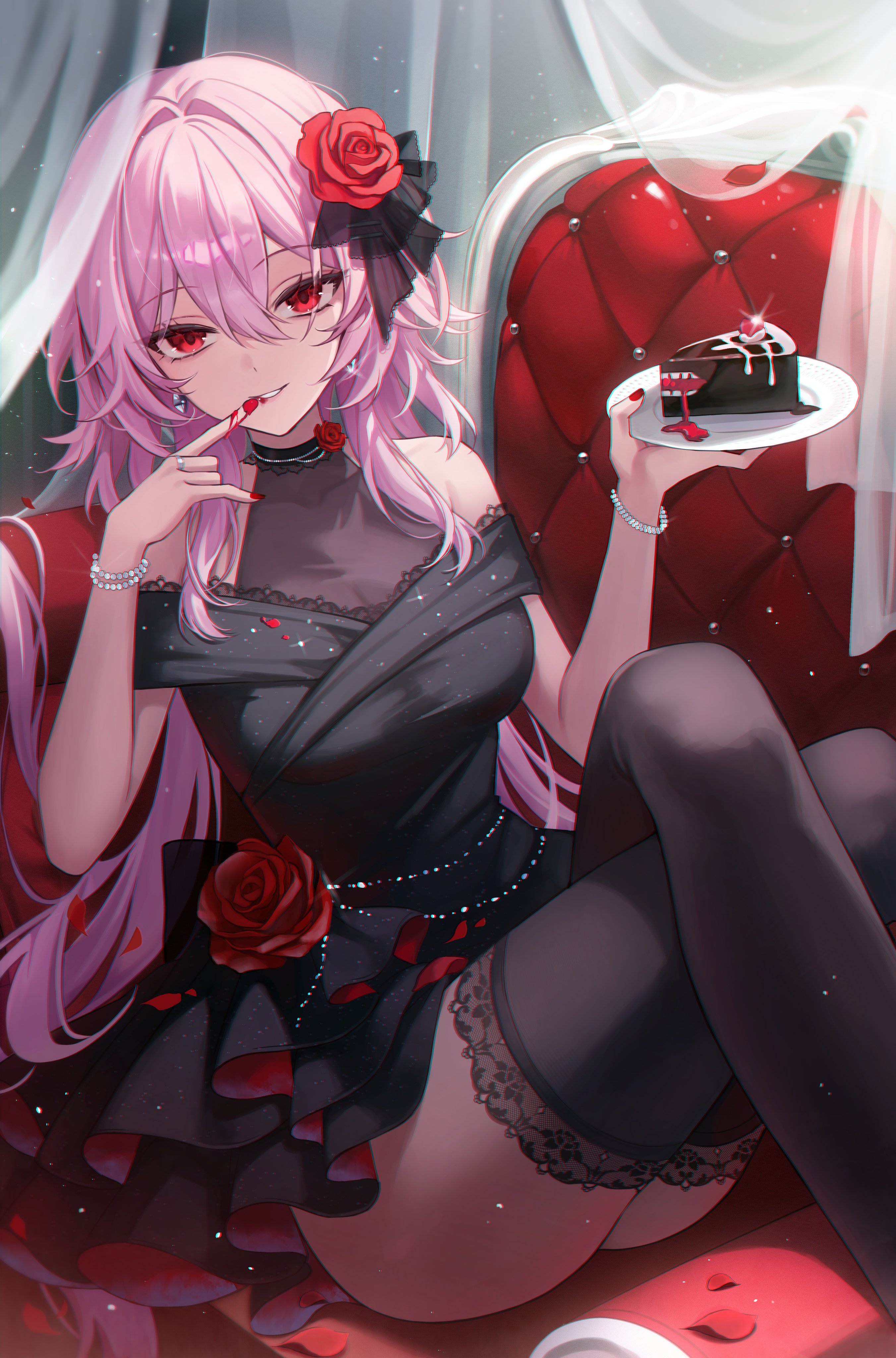 hi irim, evernight (honkai: star rail), march 7th (honkai: star rail), honkai: star rail, honkai (series), absurdres, commentary, hashtag-only commentary, highres, symbol-only commentary, 1girl, alternate costume, bare shoulders, black dress, bracelet, breasts, cake, cake slice, couch, curtains, dress, earrings, flower, food, hair flower, hair ornament, holding, holding plate, jewelry, lace, light smile, long hair, medium breasts, on couch, petals, pink hair, plate, red eyes, red flower, red nails, red rose, ring, rose, sitting, thighhighs, thighs, very long hair