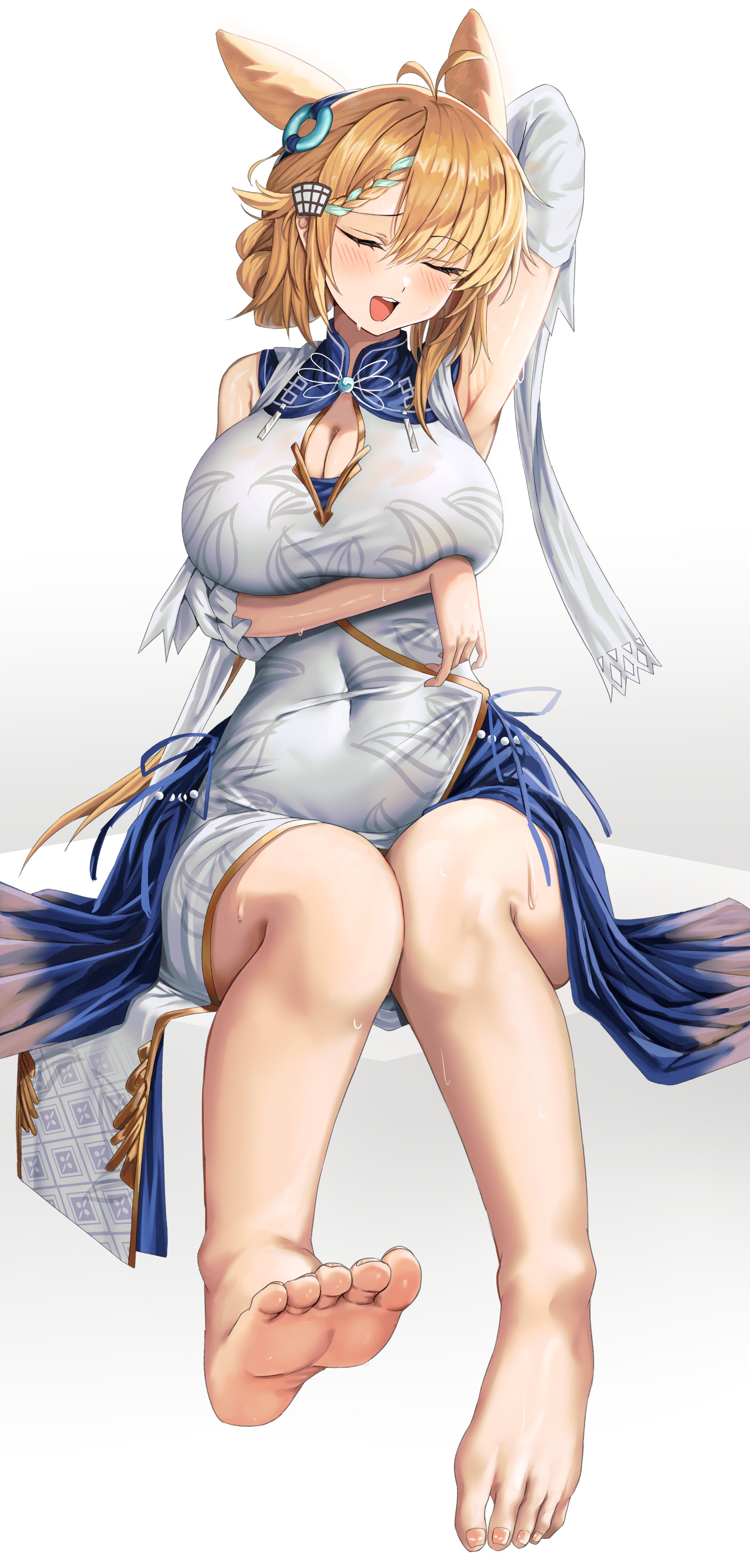 putcho, kroos (arknights), kroos the keen glint (arknights), arknights, absurdres, commentary request, highres, animal ears, antenna hair, armpits, barefoot, blonde hair, blush, breasts, china dress, chinese clothes, cleavage, cleavage cutout, closed mouth, clothing cutout, dress, full body, large breasts, official alternate costume, open mouth, rabbit ears, rabbit girl, sitting, white background, white dress