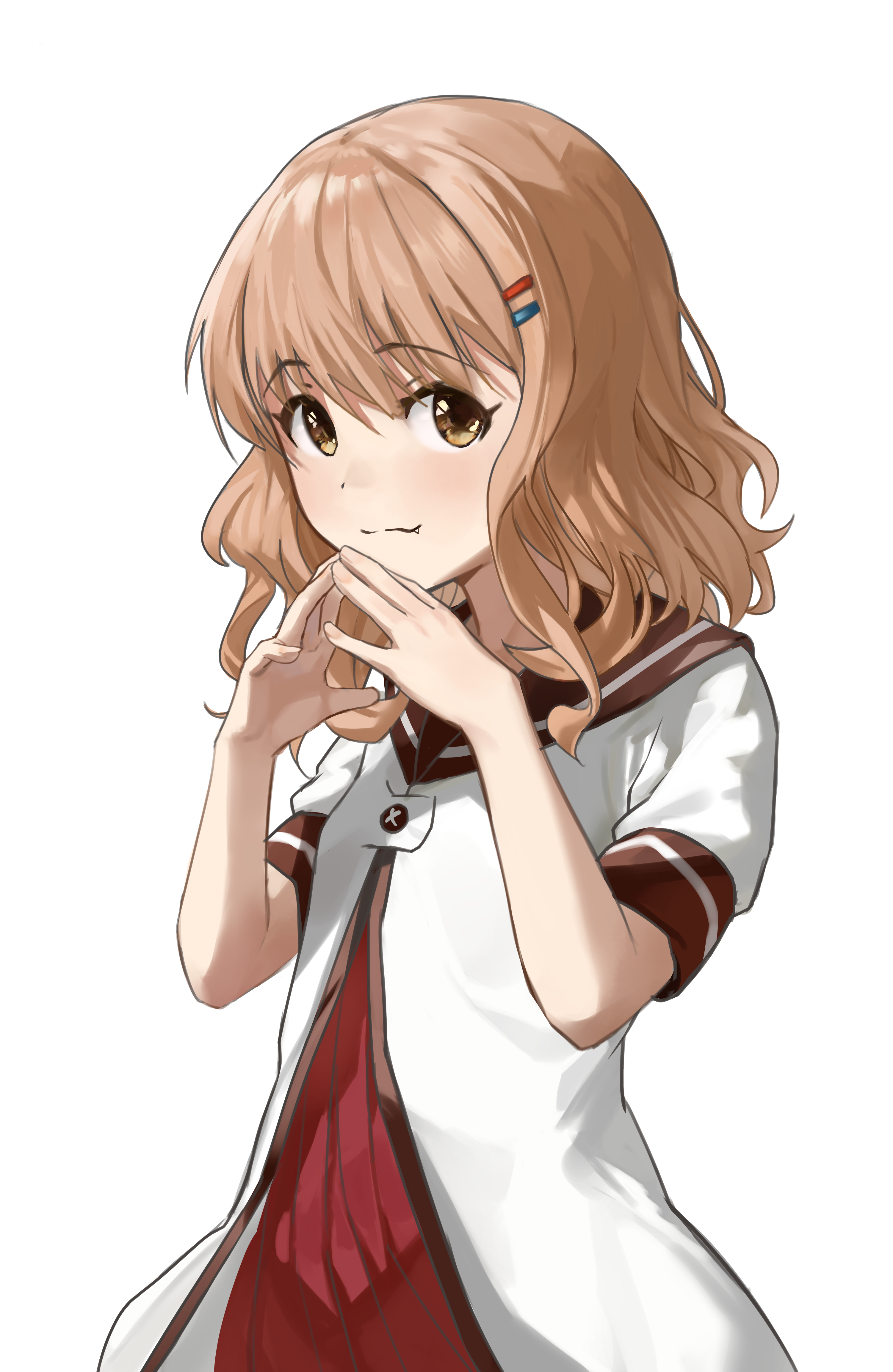 keibi inu, oomuro sakurako, yuruyuri, absurdres, highres, 1girl, blonde hair, brown eyes, brown sailor collar, buttons, cowboy shot, dress, flat chest, hair ornament, hairclip, hands up, looking at viewer, nanamori school uniform, parallel hairclips, pleated dress, red dress, sailor collar, sailor shirt, school uniform, shirt, simple background, solo, triangle hands, white background, white shirt