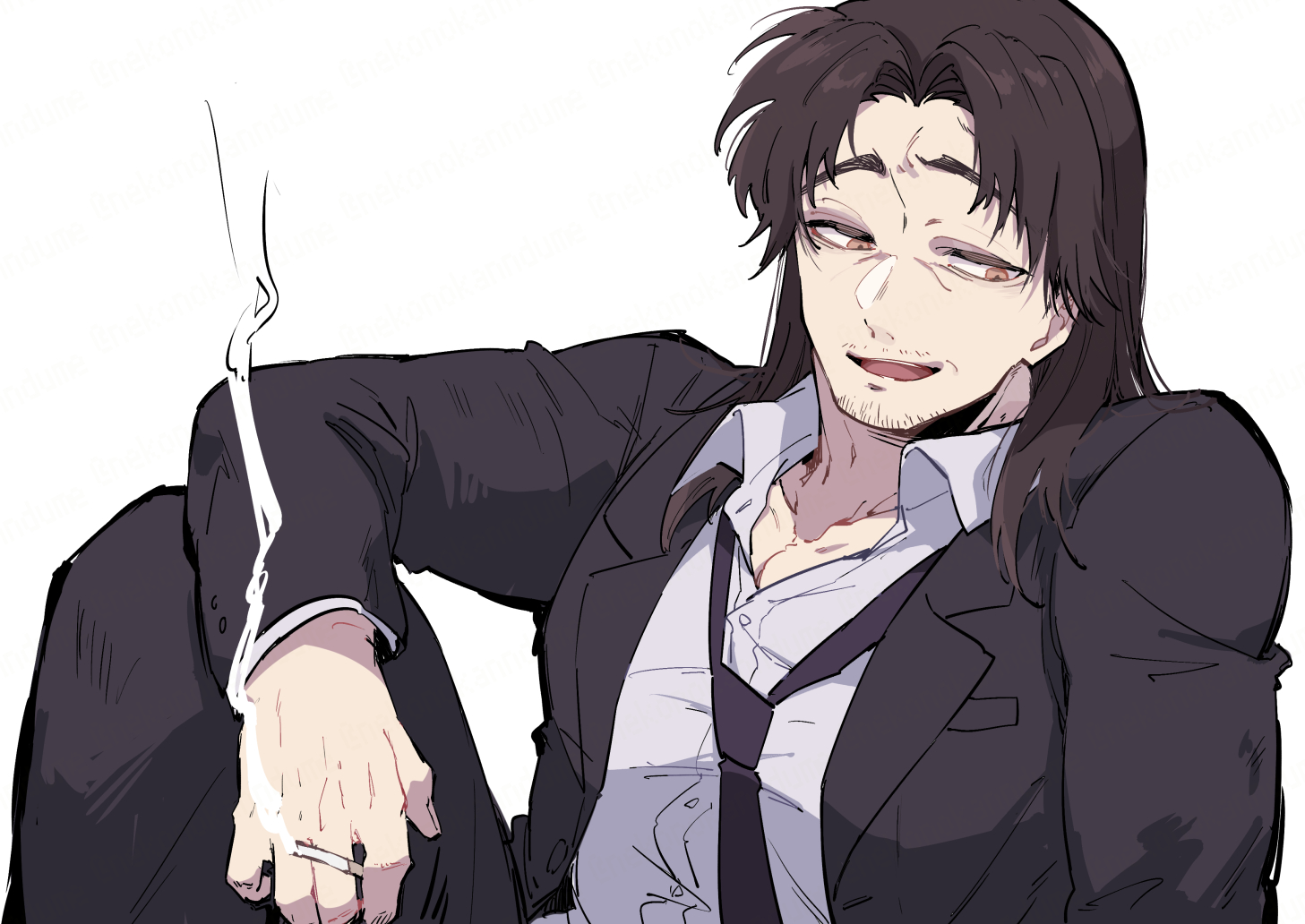 nekoma hikaru, kengan (series), kengan ashura, commentary request, 1boy, black hair, black jacket, black necktie, brown eyes, cigarette, facial hair, formal clothes, goatee stubble, hatsumi sen, holding, holding cigarette, jacket, long hair, long sleeves, looking down, male focus, mature male, mustache stubble, necktie, open mouth, shirt, simple background, smoke, smoking, solo, stubble, suit, white background, white shirt