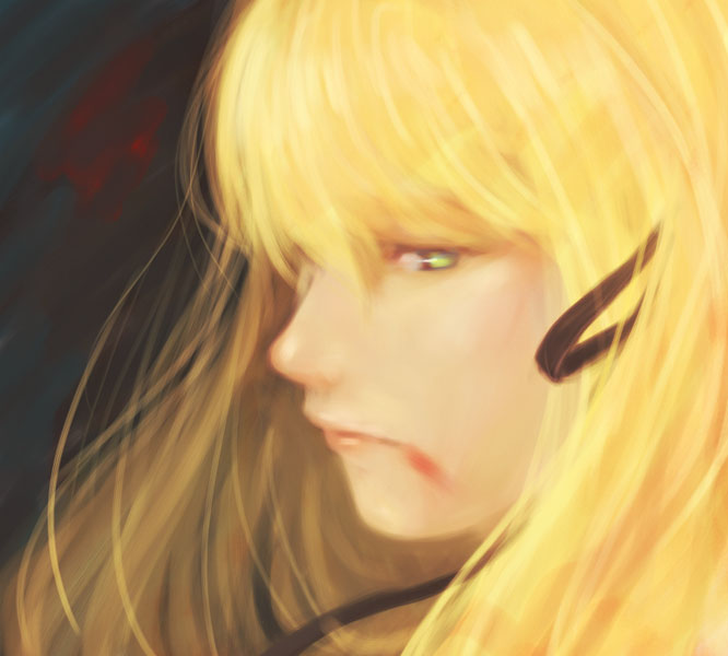 suiso, suiso (oxygen2), kiss-shot acerola-orion heart-under-blade, oshino shinobu, bakemonogatari, monogatari (series), 00s, 1girl, blonde hair, blood, female focus, green eyes, hair ribbon, ribbon, sad, solo