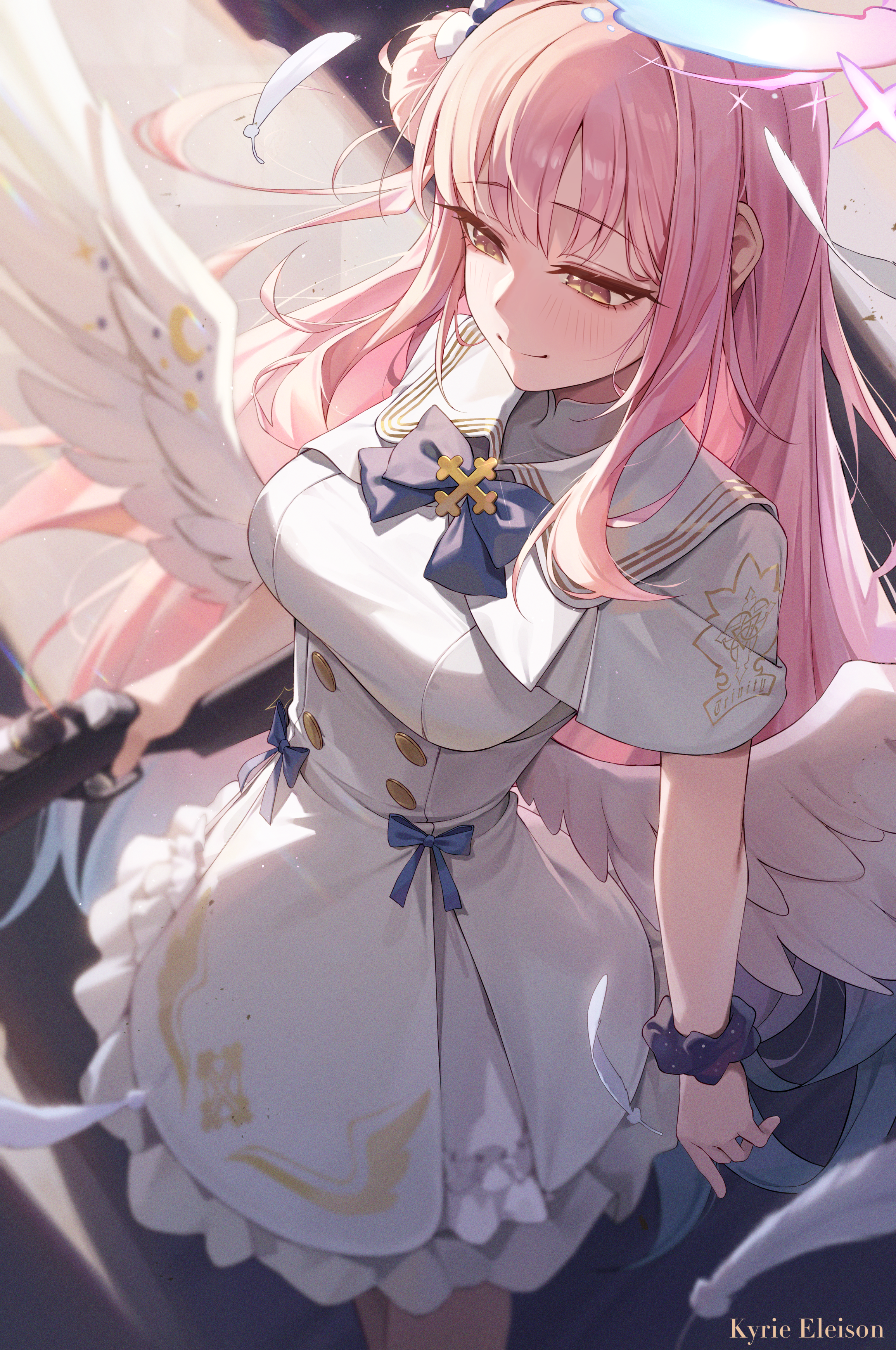 um 111, mika (blue archive), blue archive, absurdres, highres, 1girl, angel wings, breasts, buttons, capelet, closed mouth, crescent, double-breasted, dress, gold trim, gun, halo, holding, holding gun, holding weapon, lanchester smg, long hair, low wings, medium breasts, pink hair, pink halo, scrunchie, smile, solo, submachine gun, very long hair, weapon, white capelet, white dress, white wings, wing ornament, wings, wrist scrunchie