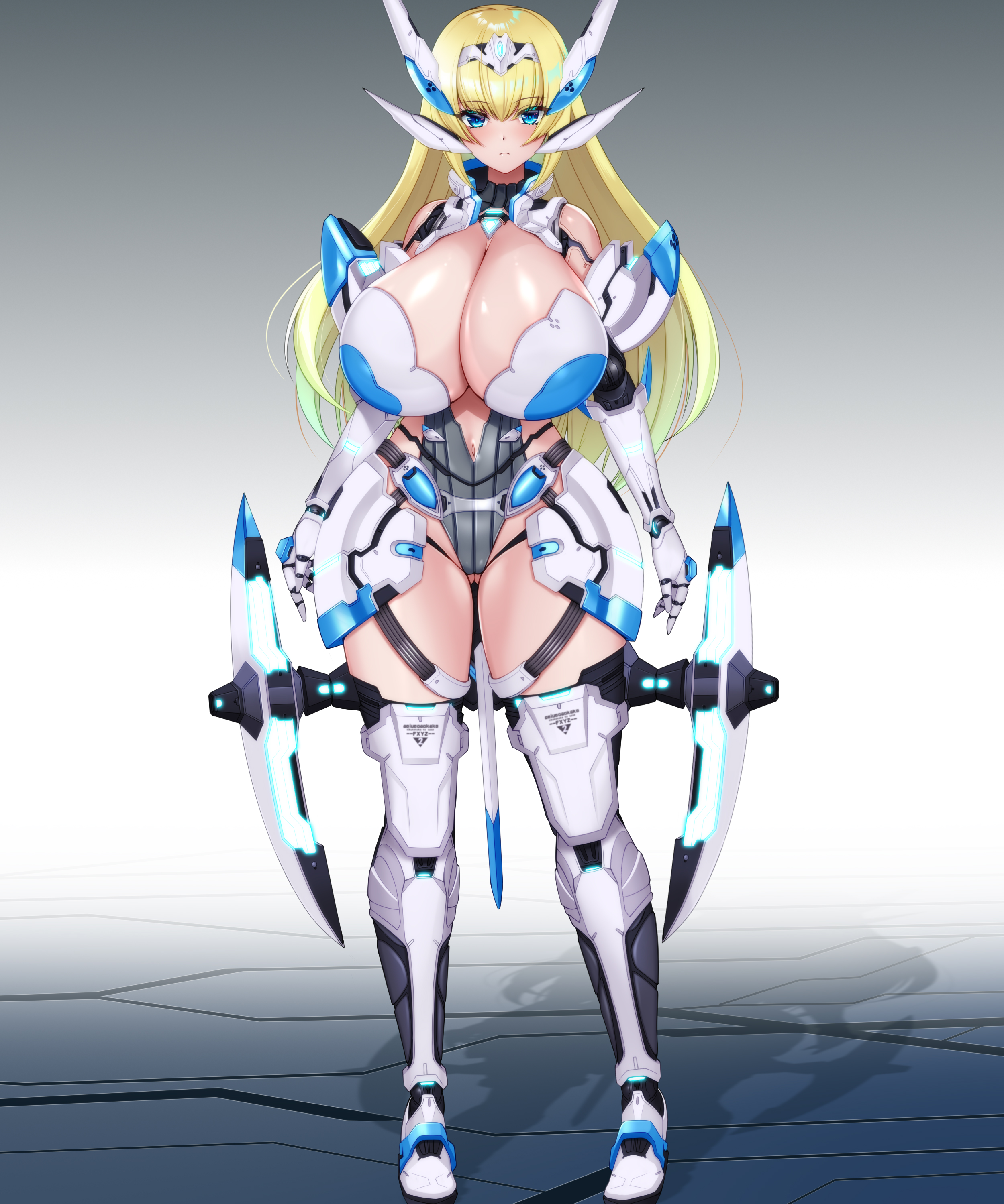mariatoteresa, di allez series, phantasy star, phantasy star online 2, phantasy star online 2 new genesis, absurdres, commentary request, commission, highres, pixiv commission, blonde hair, blue eyes, breasts, cleavage, clothing cutout, cyborg, expressionless, full body, gluteal fold, gradient hair, hairband, headgear, huge breasts, joints, leotard, long hair, looking at viewer, mecha musume, multicolored hair, navel cutout, robot joints, shiny skin, standing, thighs, very long hair