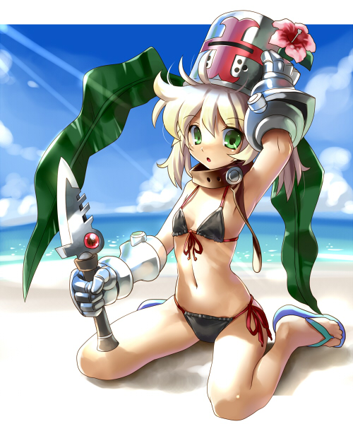 katahira masashi, original, 1girl, arm up, beach, bikini, black bikini, blonde hair, cloud, day, female focus, flat chest, flip-flops, flower, front-tie top, full body, gauntlets, green eyes, helmet, hibiscus, knife, leaf, long hair, navel, outdoors, sandals, side-tie bikini bottom, sitting, sky, solo, sunlight, swimsuit, wariza