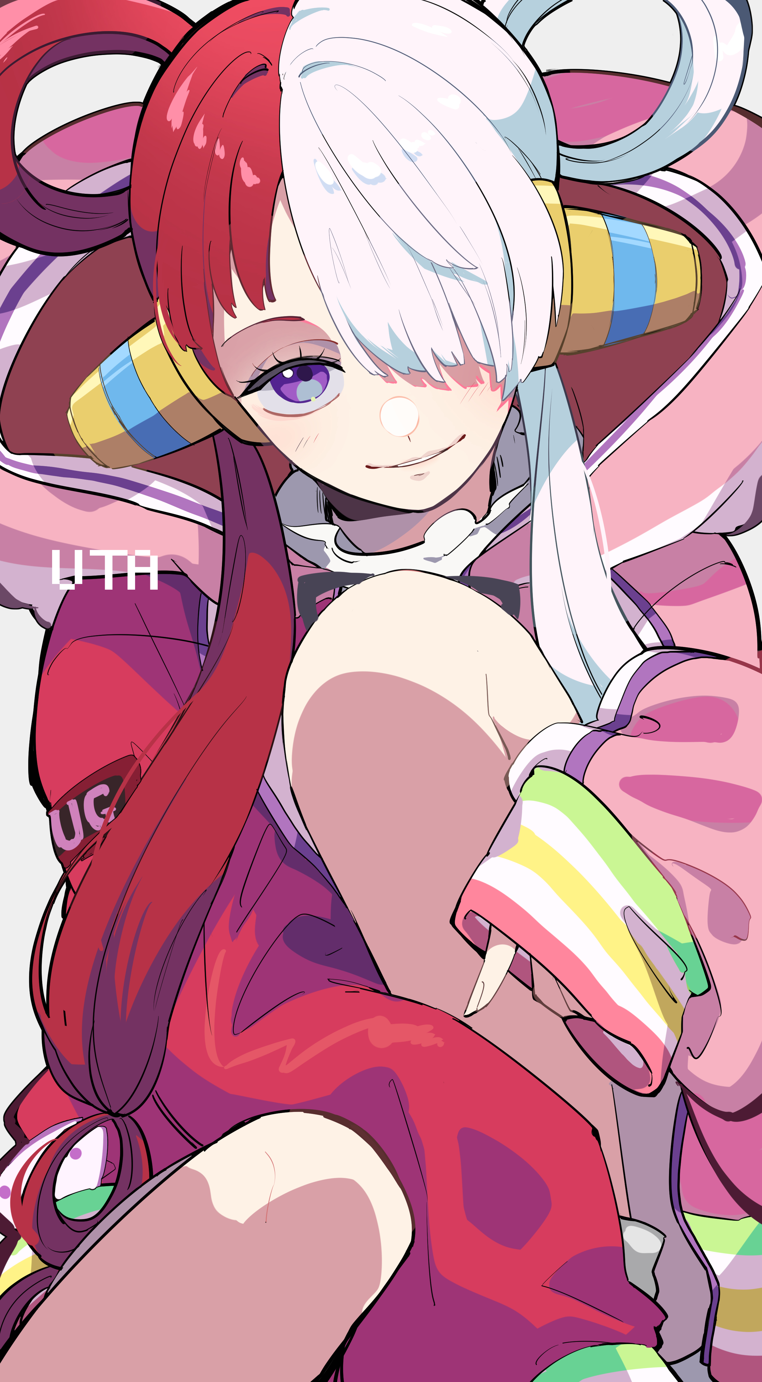 nekoma hikaru, uta (one piece), one piece, absurdres, commentary request, highres, 1girl, character name, eyelashes, hair over one eye, hair rings, headphones, knee up, long hair, looking at viewer, multicolored hair, parted lips, purple eyes, red hair, sleeves past fingers, sleeves past wrists, solo, split-color hair, white background