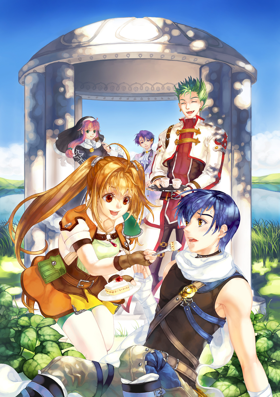 jane mere, estelle bright, joshua bright, kevin graham, kloe rinz, ries argent, eiyuu densetsu, falcom, sora no kiseki, highres, 2girls, 3boys, ahoge, cake, closed eyes, day, everyone, fantasy, food, happy, laughing, long hair, multiple boys, multiple girls, nature, orange skirt, outdoors, pastry, ponytail, short hair, skirt