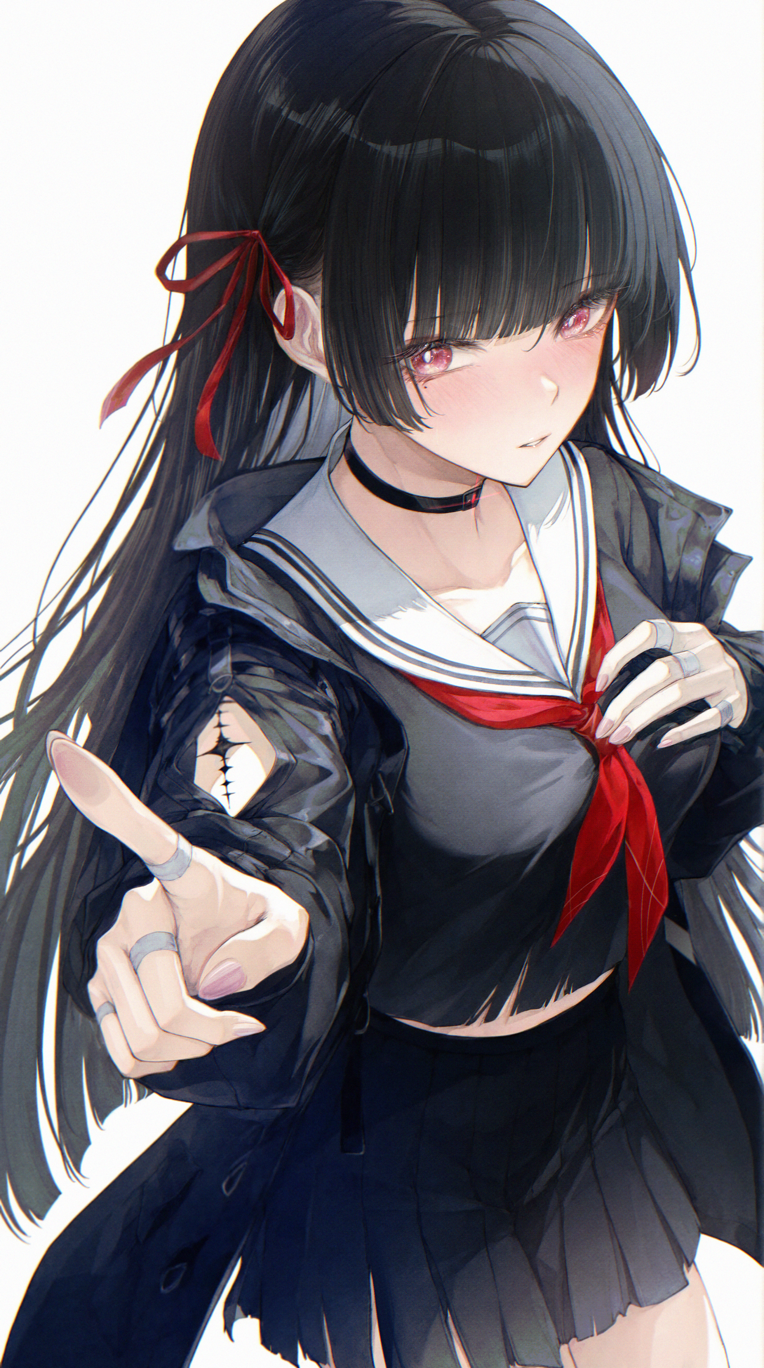 renoahh, chisa (wuthering waves), wuthering waves, absurdres, commentary, english commentary, highres, 1girl, arm cutout, black choker, black hair, black jacket, black serafuku, black shirt, black skirt, blunt bangs, blush, breasts, choker, clothing cutout, collarbone, cowboy shot, fingernails, hair ribbon, jacket, long hair, long sleeves, looking at viewer, medium breasts, mole, mole under eye, nail polish, neckerchief, parted lips, pink nails, red eyes, red neckerchief, red ribbon, ribbon, sailor collar, school uniform, serafuku, shirt, simple background, skirt, solo, tacet mark (wuthering waves), white background, white sailor collar