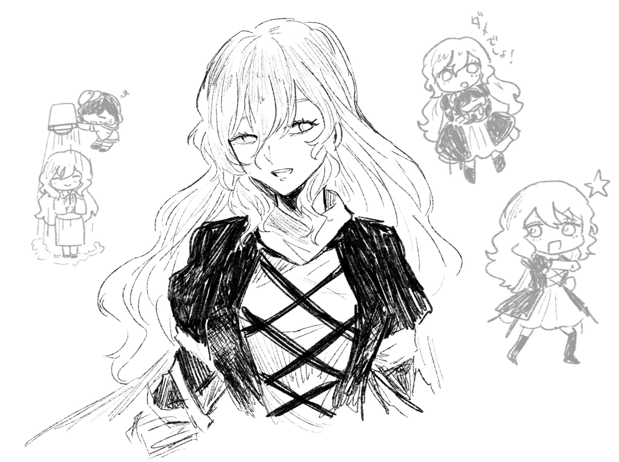 mitsusame, hijiri byakuren, murasa minamitsu, touhou, commentary request, highres, 2girls, boots, dress, greyscale, hug, long hair, long sleeves, monochrome, multiple girls, open clothes, puffy long sleeves, puffy sleeves, short hair, smile